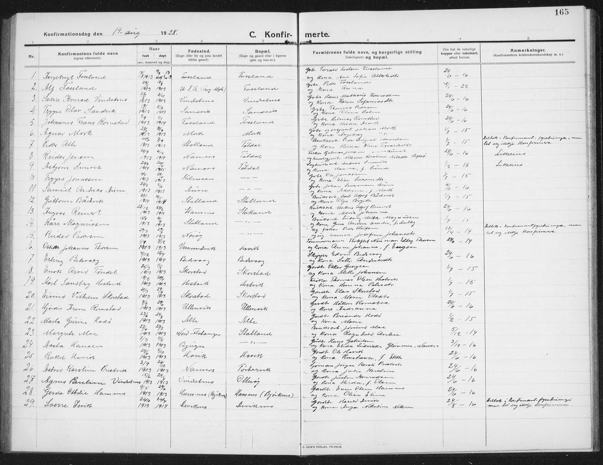 Ministerialprotokoller, klokkerbøker og fødselsregistre - Nord-Trøndelag, SAT/A-1458/774/L0630: Parish register (copy) no. 774C01, 1910-1934, p. 165