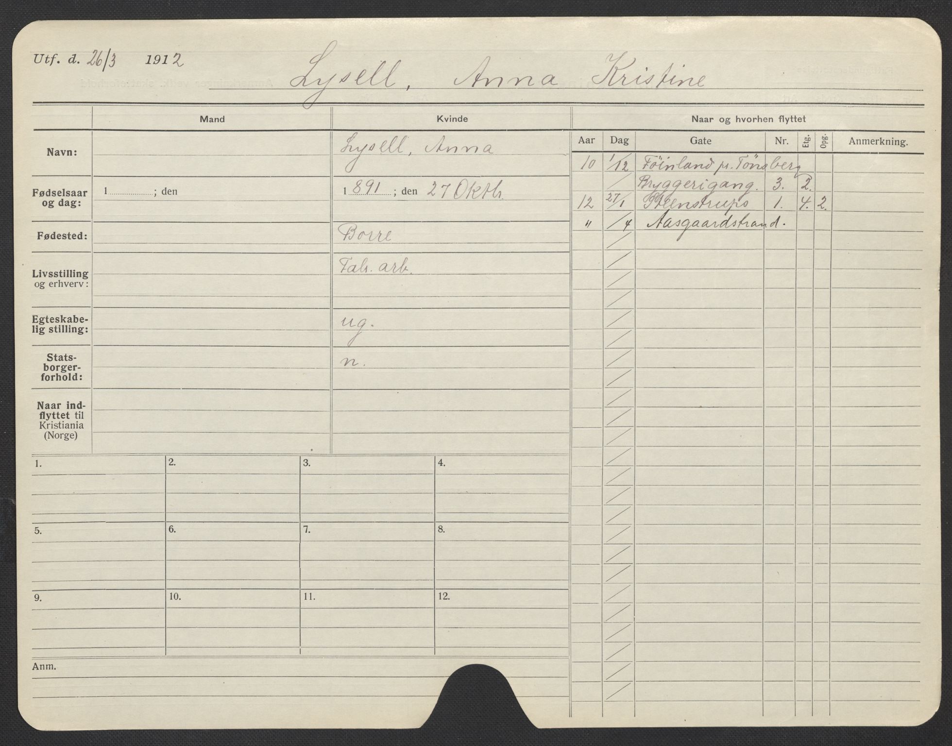 Oslo folkeregister, Registerkort, AV/SAO-A-11715/F/Fa/Fac/L0020: Kvinner, 1906-1914, p. 373a