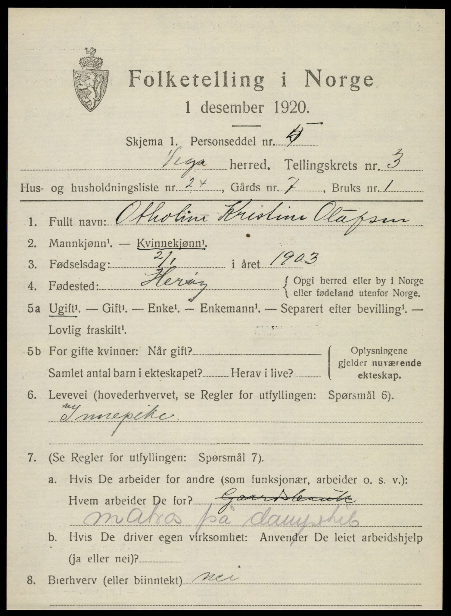 SAT, 1920 census for Vega, 1920, p. 1925