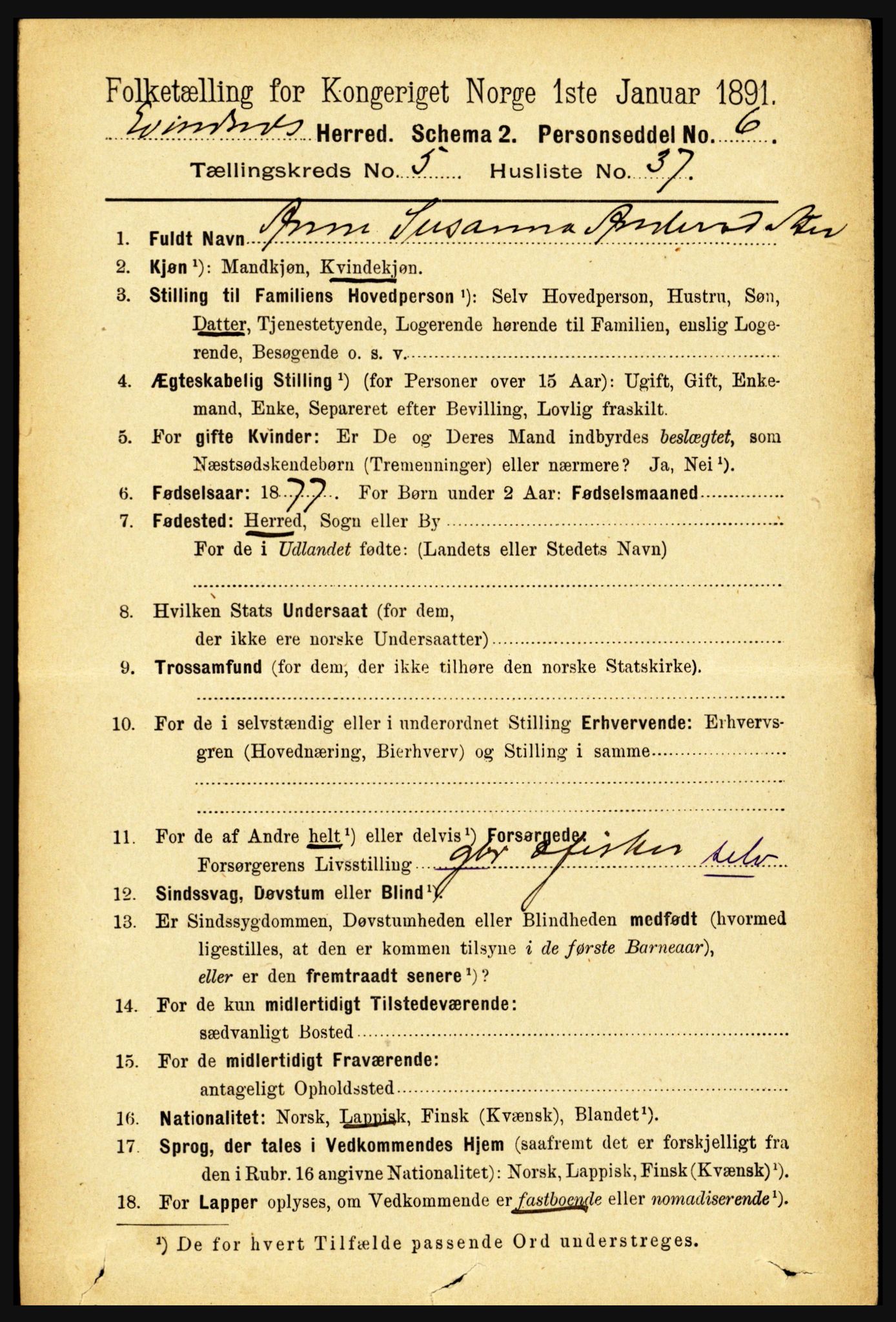 RA, 1891 census for 1853 Evenes, 1891, p. 1879