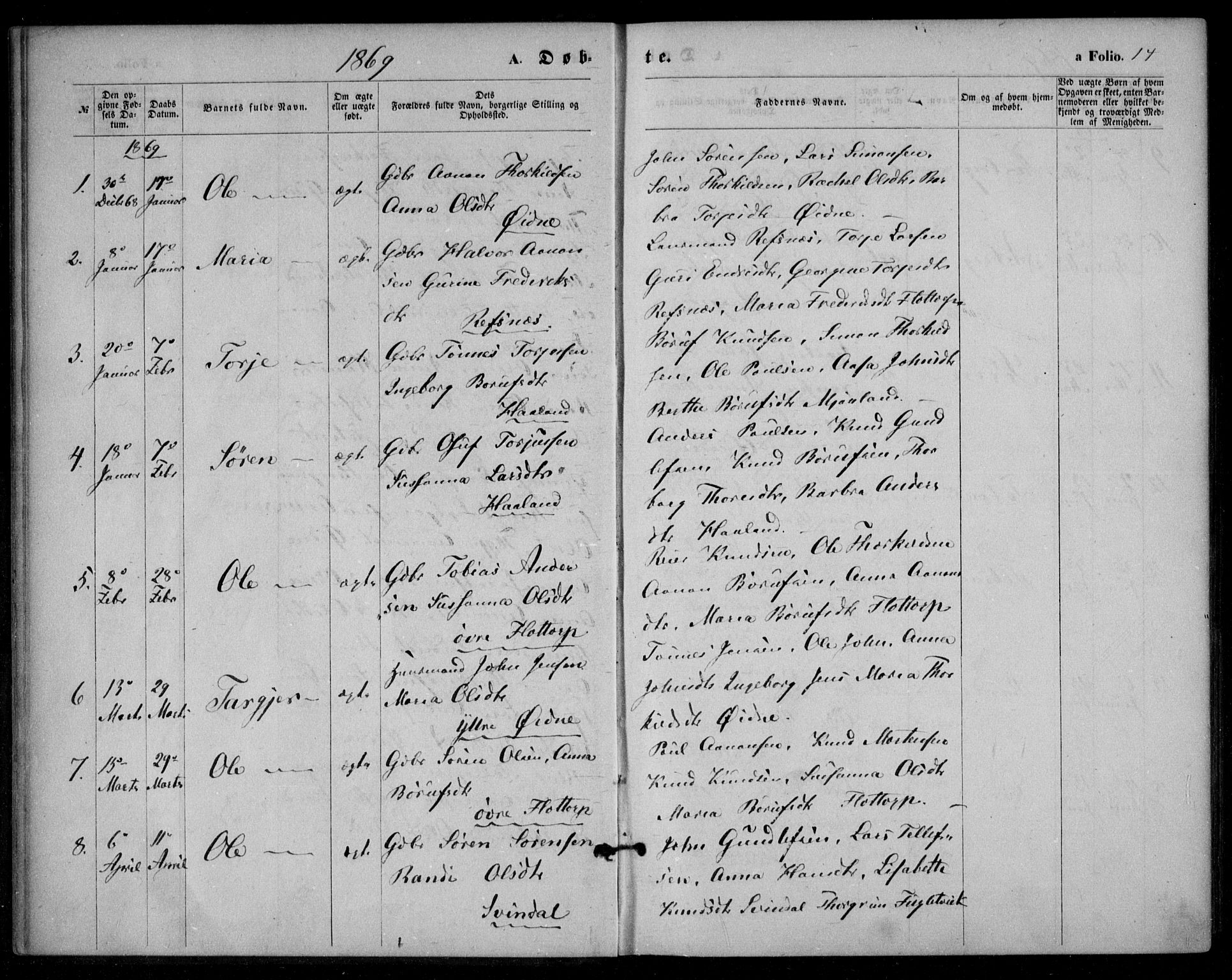 Bjelland sokneprestkontor, SAK/1111-0005/F/Fa/Fac/L0002: Parish register (official) no. A 2, 1866-1887, p. 14
