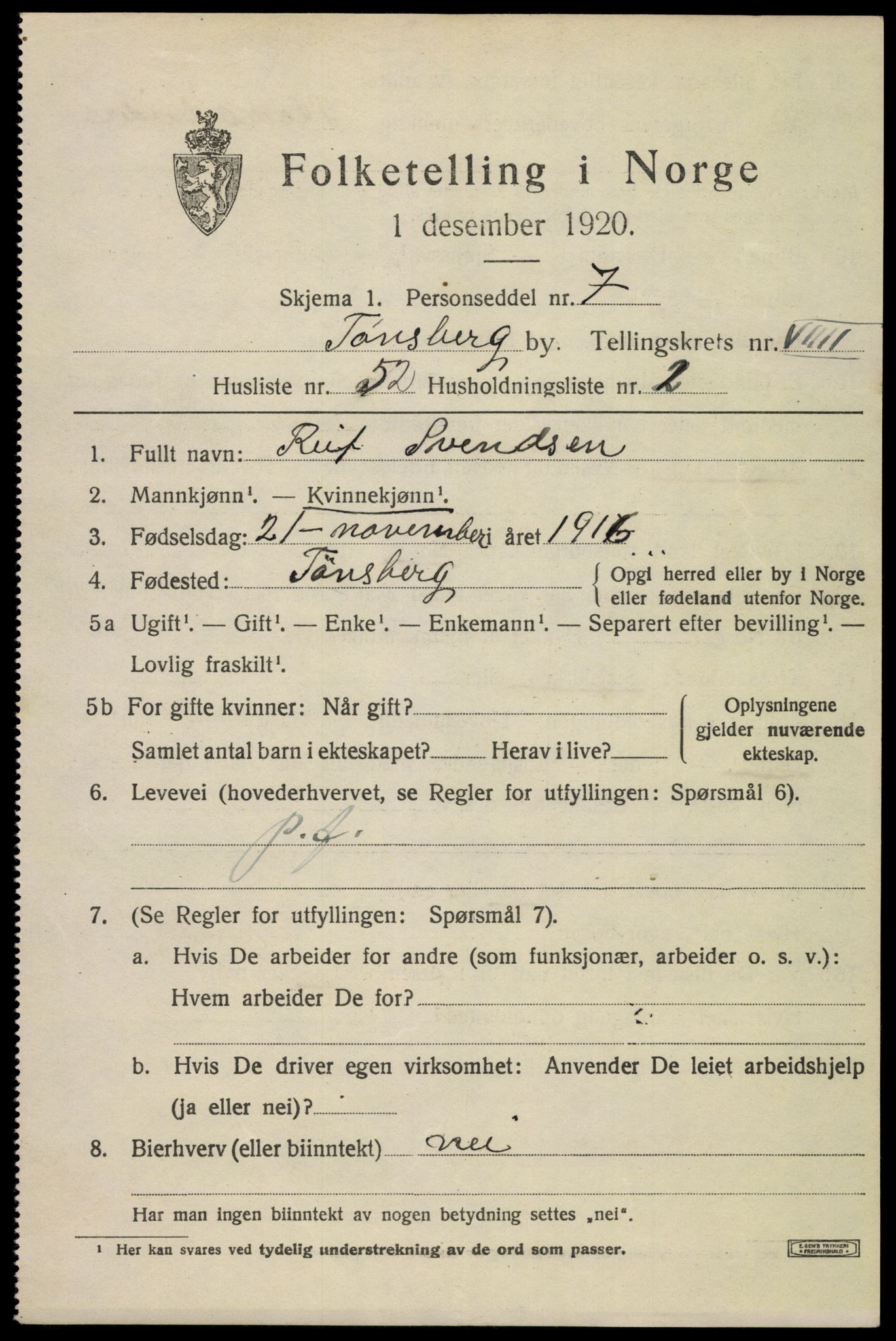 SAKO, 1920 census for Tønsberg, 1920, p. 18209