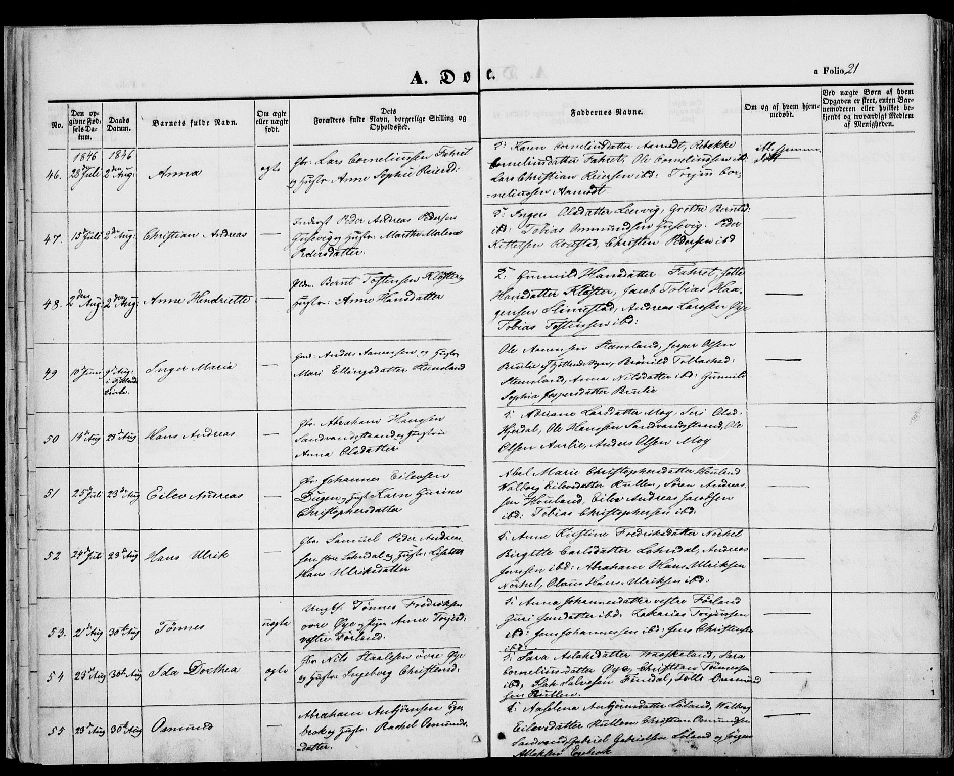 Kvinesdal sokneprestkontor, AV/SAK-1111-0026/F/Fa/Fab/L0005: Parish register (official) no. A 5, 1844-1857, p. 21