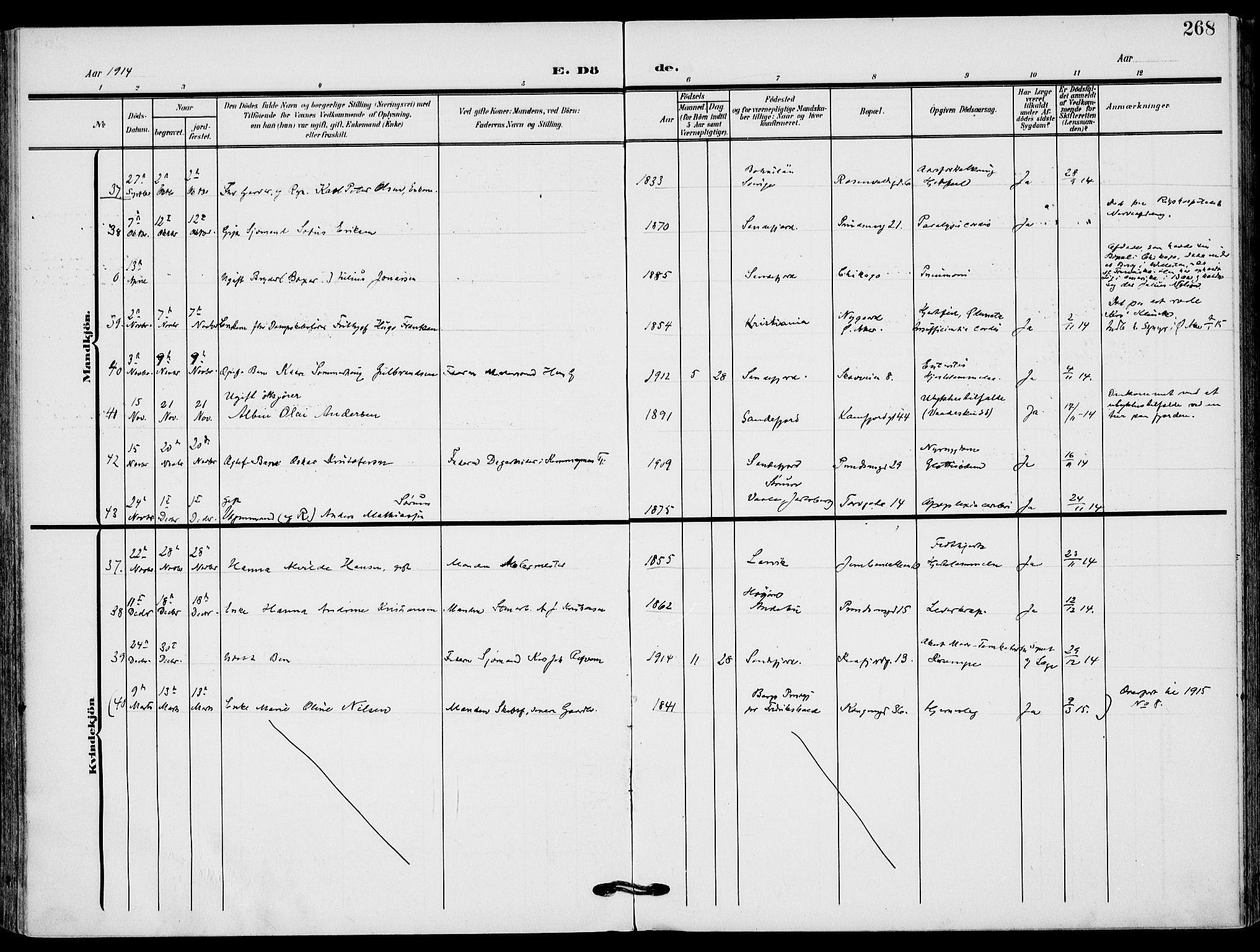 Sandefjord kirkebøker, AV/SAKO-A-315/F/Fa/L0005: Parish register (official) no. 5, 1906-1915, p. 268