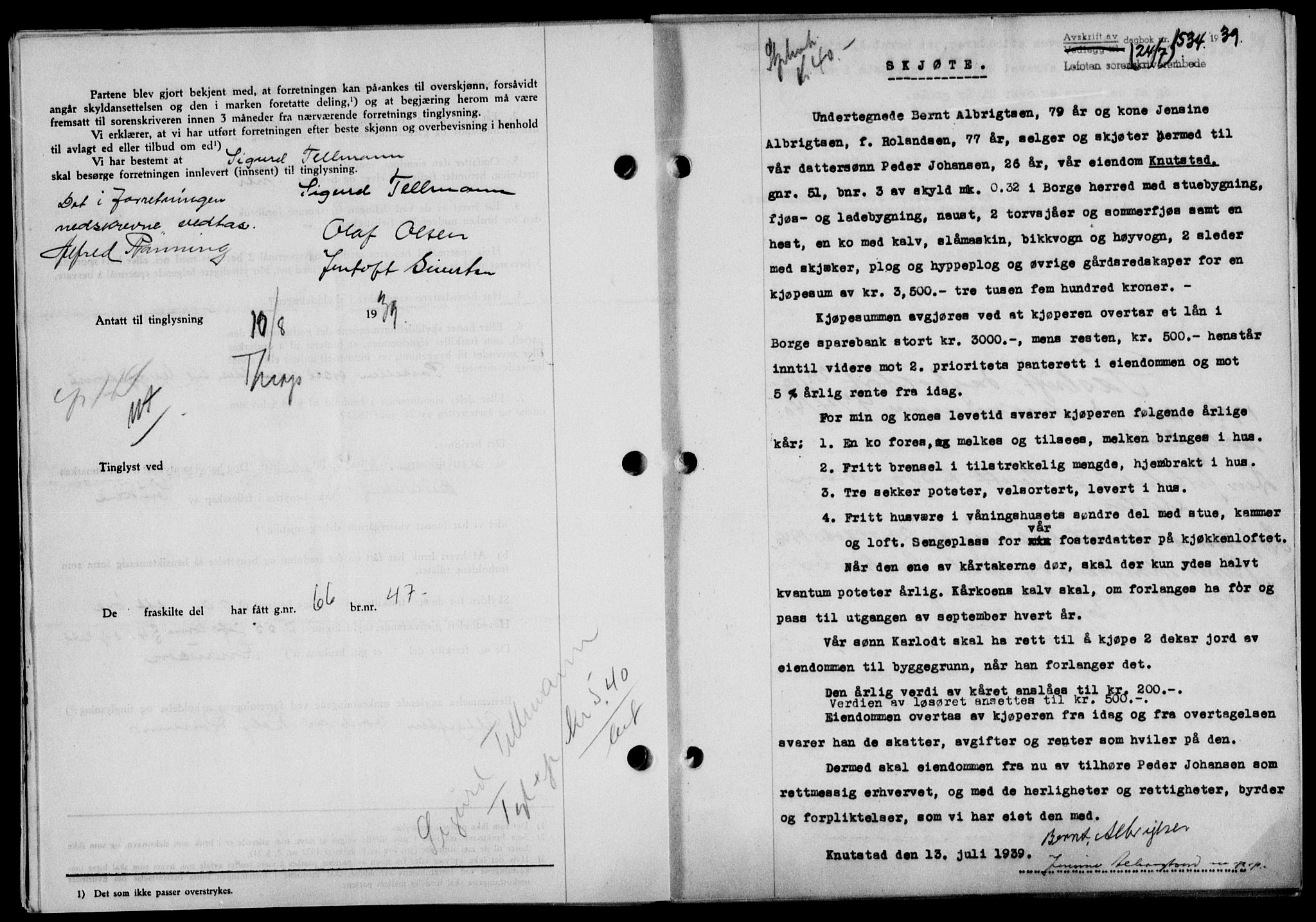 Lofoten sorenskriveri, SAT/A-0017/1/2/2C/L0006a: Mortgage book no. 6a, 1939-1939, Diary no: : 1534/1939