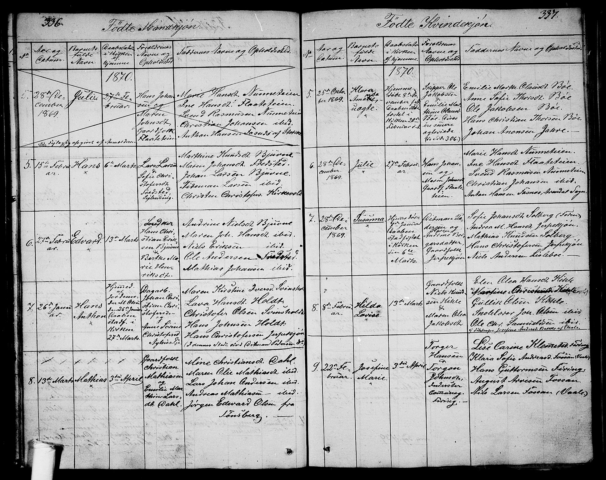 Ramnes kirkebøker, AV/SAKO-A-314/G/Ga/L0002: Parish register (copy) no. I 2, 1848-1870, p. 336-337