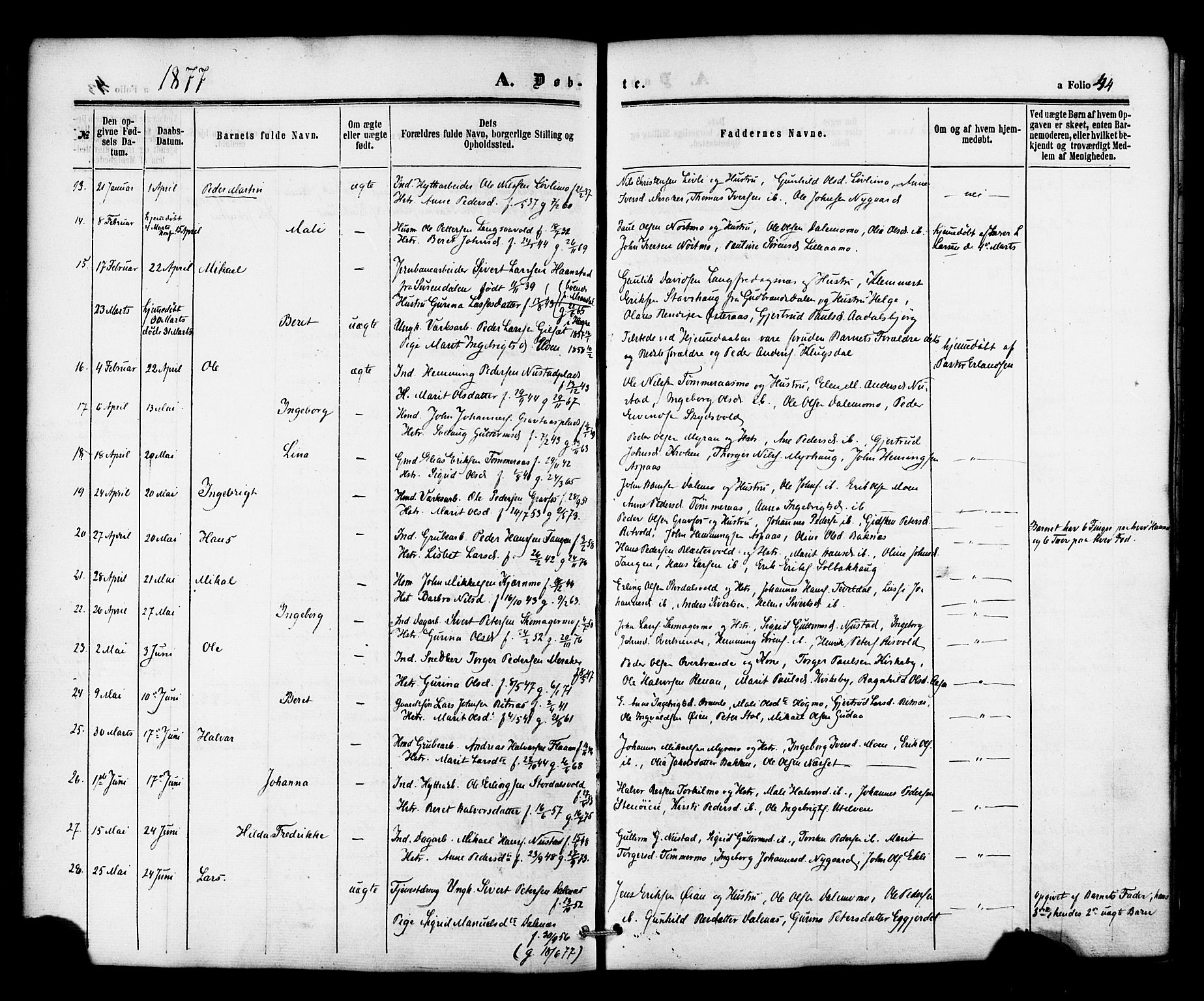 Ministerialprotokoller, klokkerbøker og fødselsregistre - Nord-Trøndelag, AV/SAT-A-1458/706/L0041: Parish register (official) no. 706A02, 1862-1877, p. 44