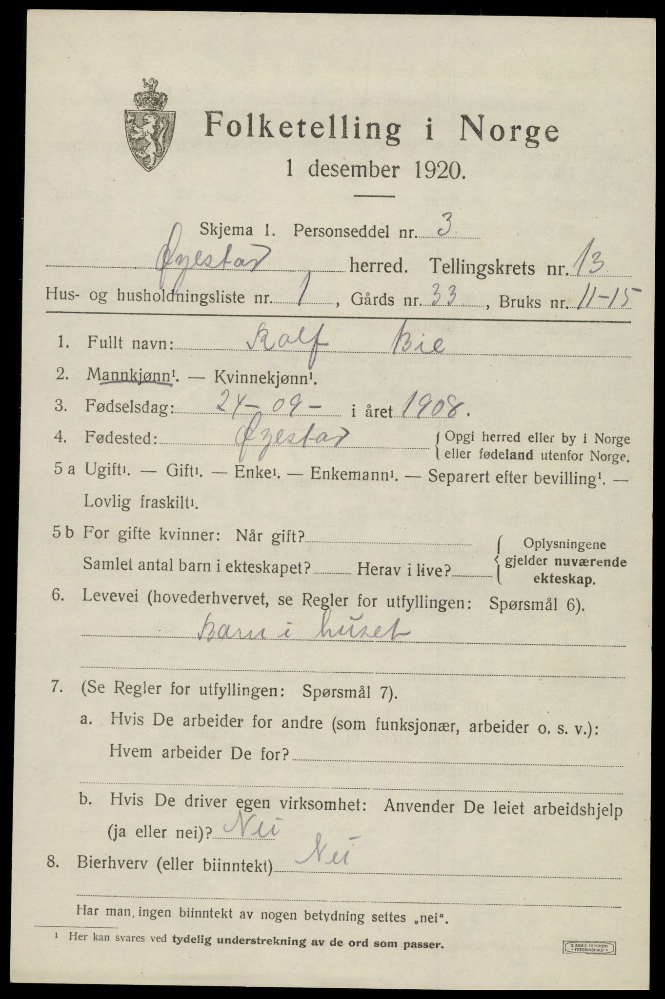 SAK, 1920 census for Øyestad, 1920, p. 8114