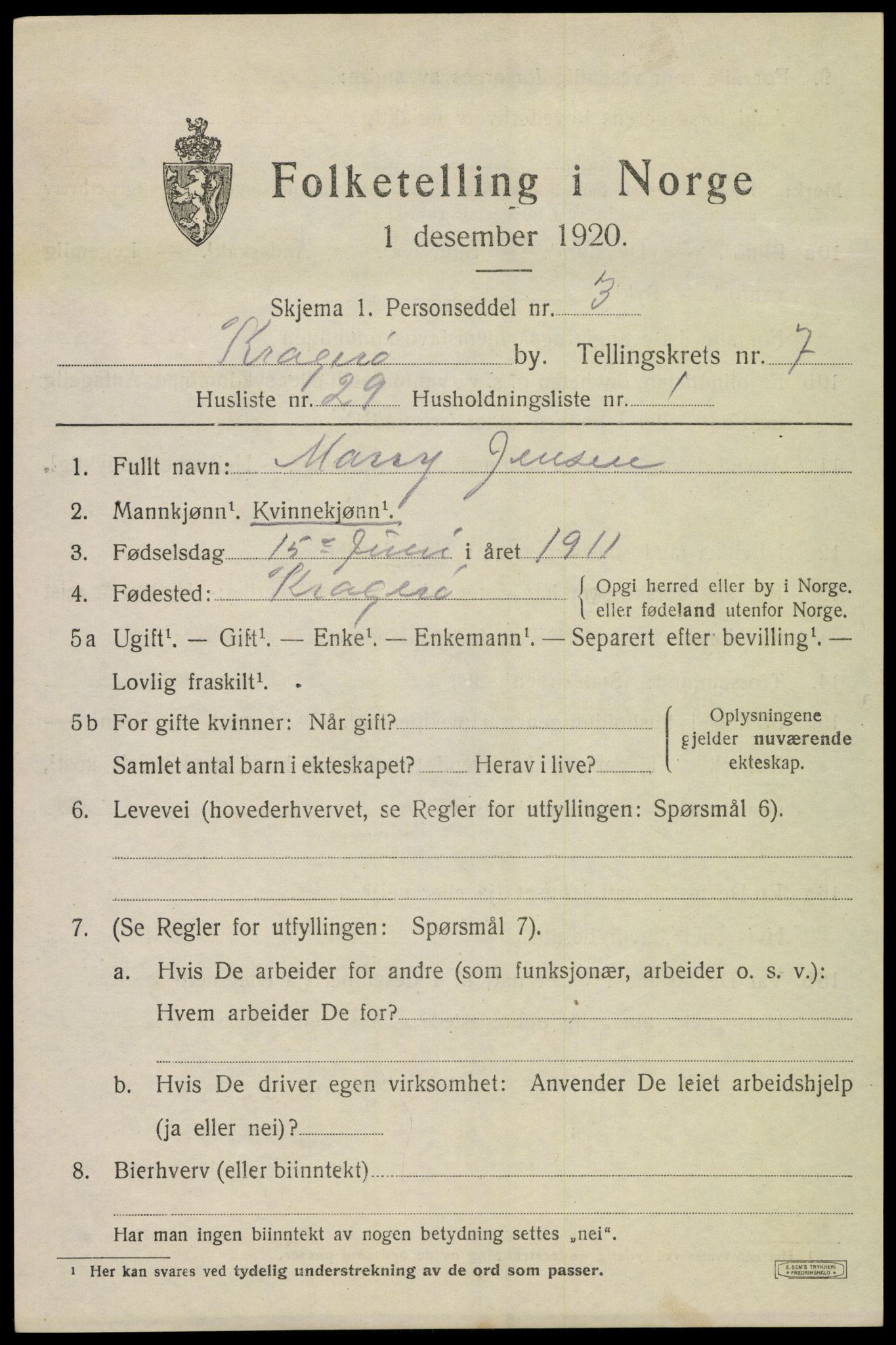 SAKO, 1920 census for Kragerø, 1920, p. 10017