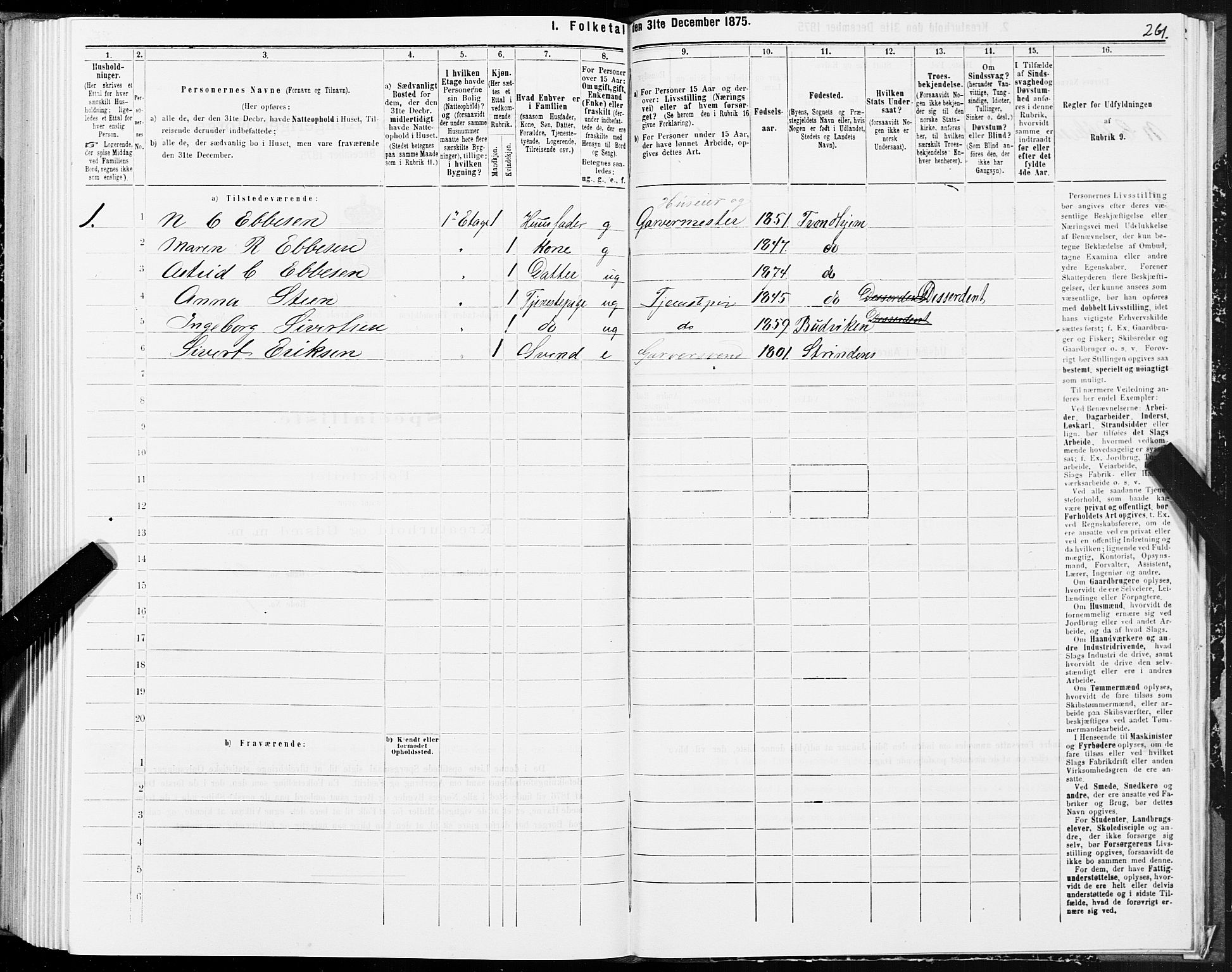 SAT, 1875 census for 1601 Trondheim, 1875, p. 1261