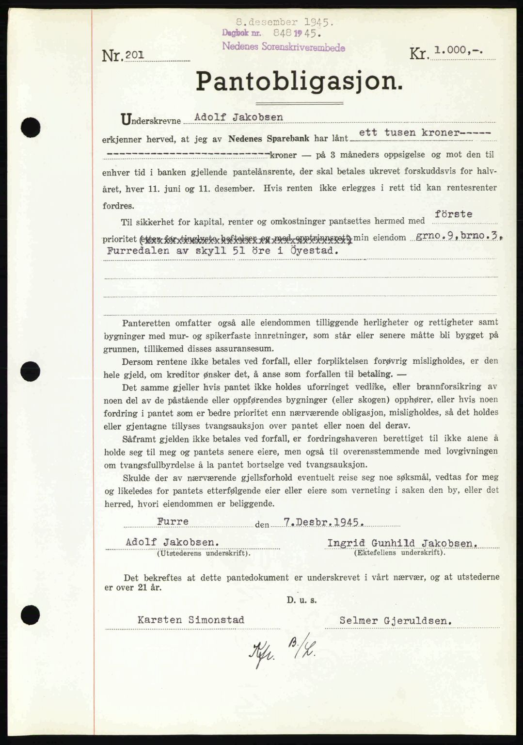 Nedenes sorenskriveri, SAK/1221-0006/G/Gb/Gbb/L0003: Mortgage book no. B3a, 1945-1945, Diary no: : 848/1945