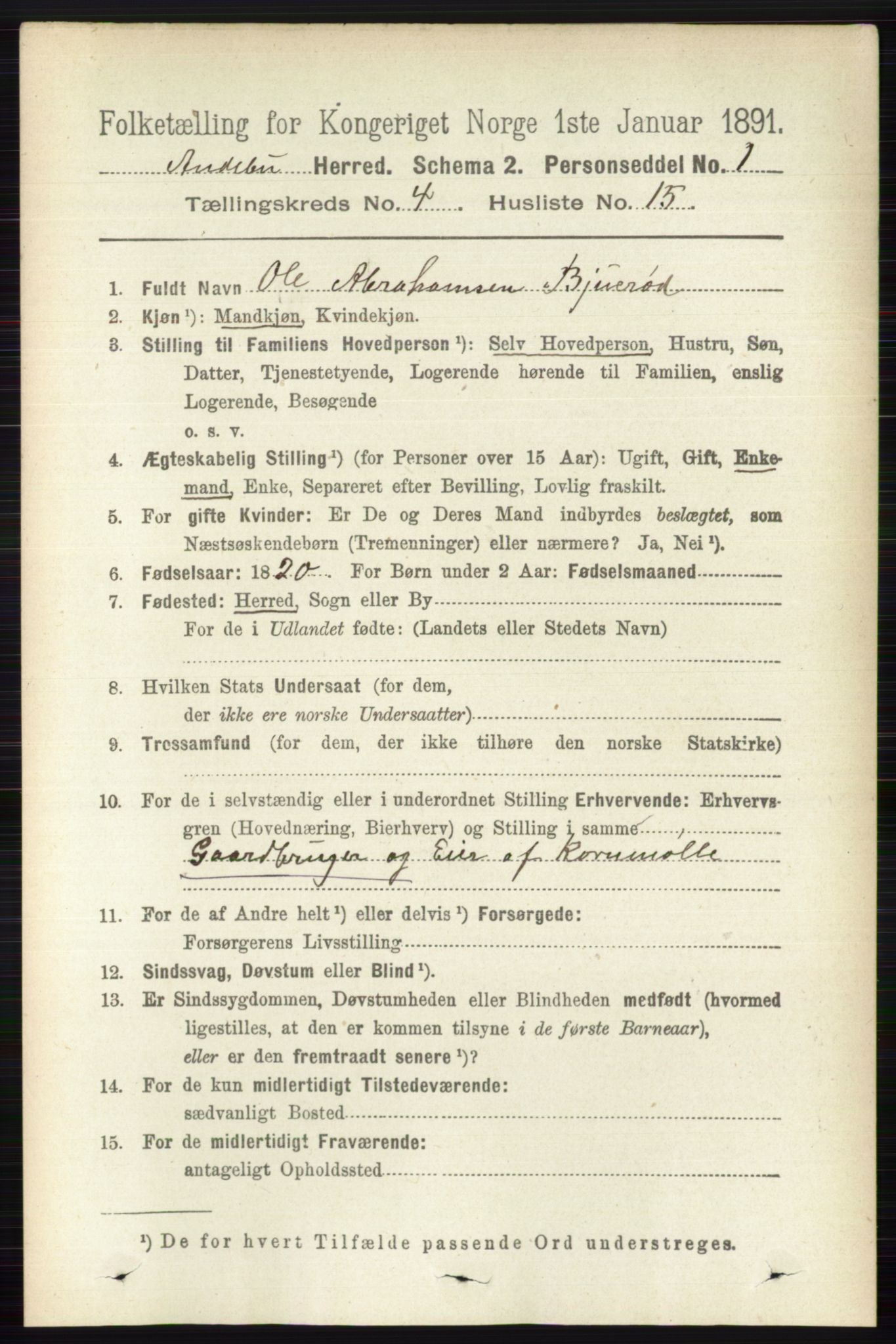 RA, 1891 census for 0719 Andebu, 1891, p. 2123