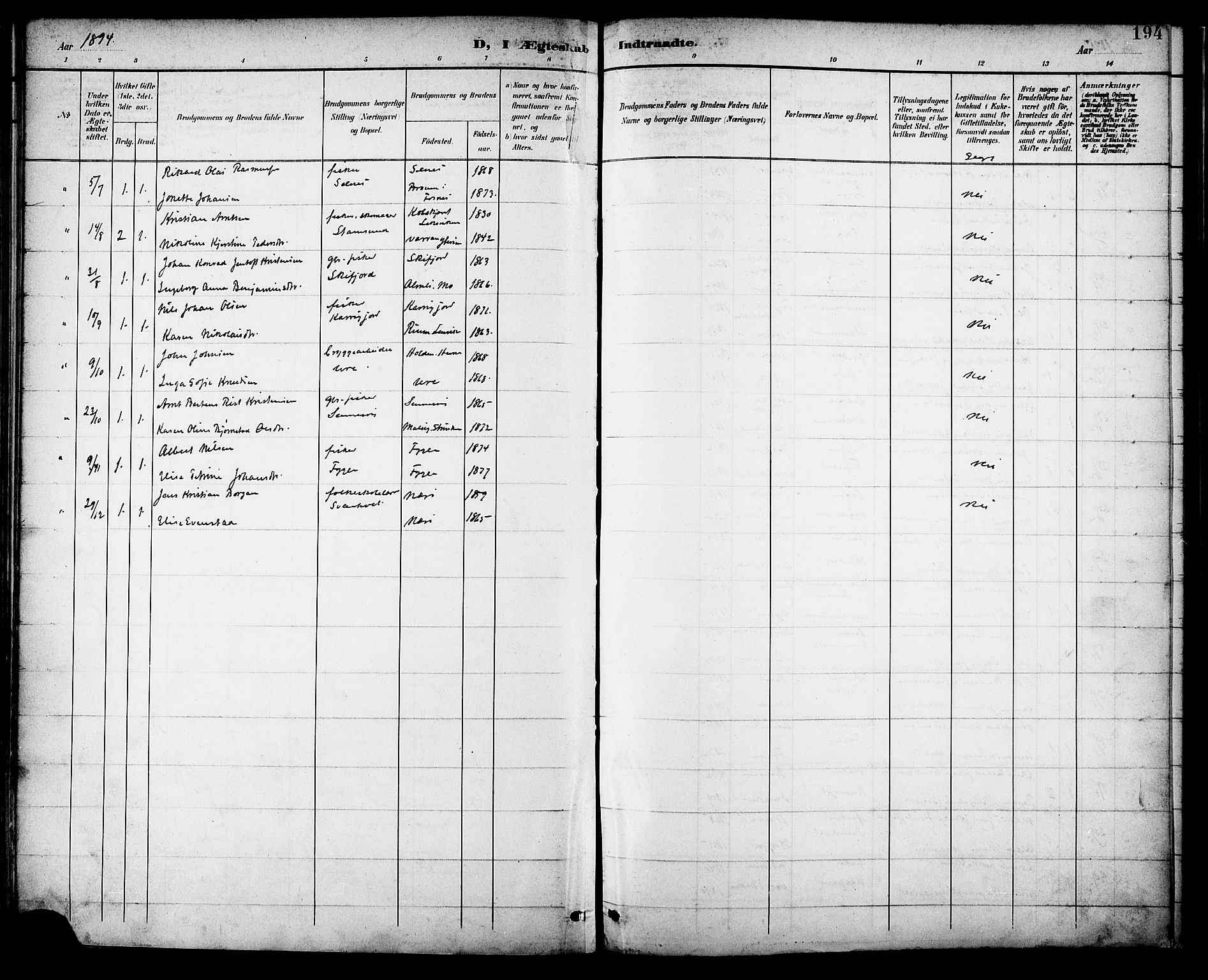 Ministerialprotokoller, klokkerbøker og fødselsregistre - Nordland, AV/SAT-A-1459/882/L1179: Parish register (official) no. 882A01, 1886-1898, p. 194