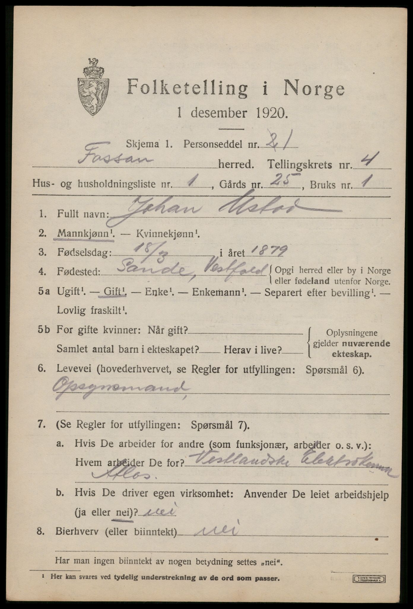 SAST, 1920 census for Forsand, 1920, p. 1617