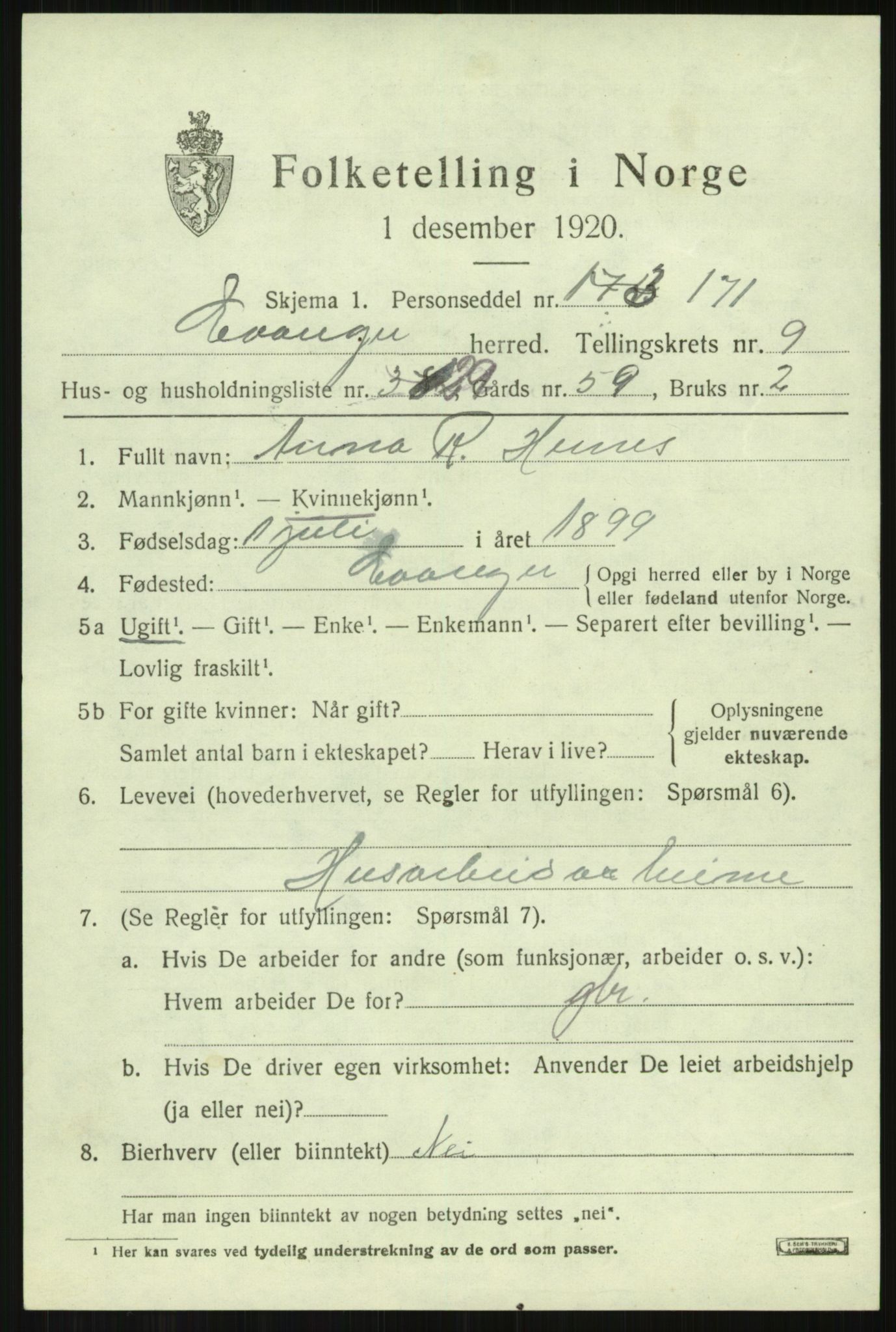 SAB, 1920 census for Evanger, 1920, p. 3017