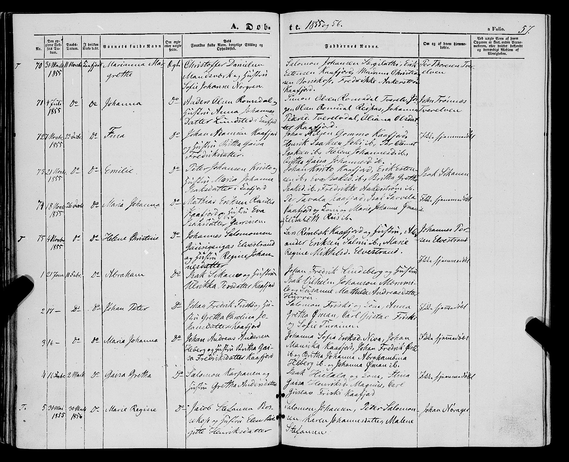 Talvik sokneprestkontor, SATØ/S-1337/H/Ha/L0016kirke: Parish register (official) no. 16, 1847-1857, p. 57