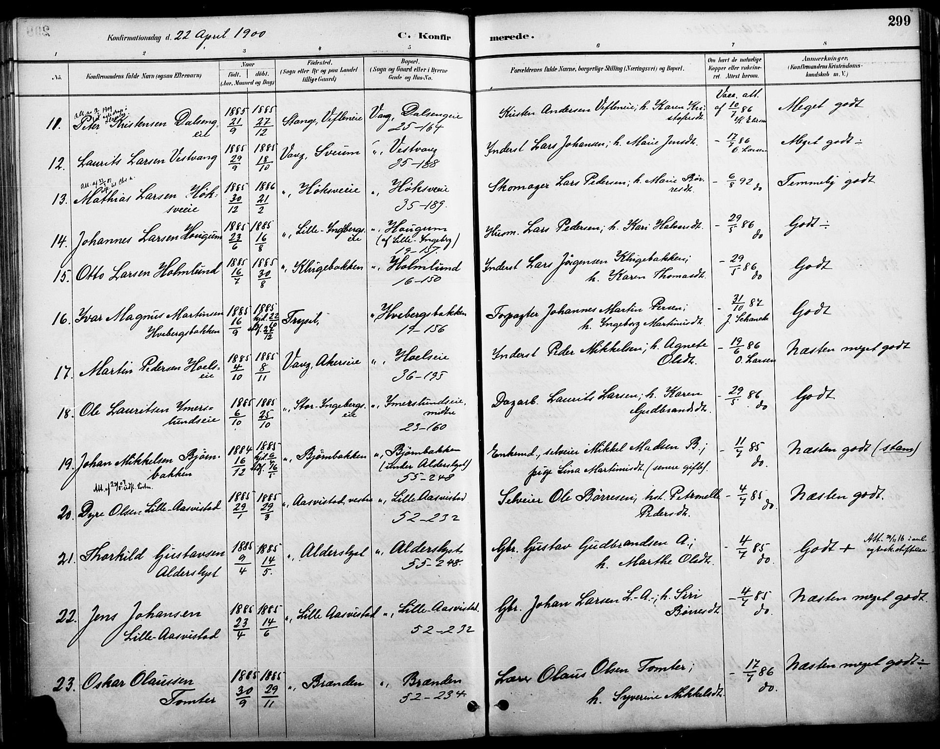 Vang prestekontor, Hedmark, AV/SAH-PREST-008/H/Ha/Haa/L0019A: Parish register (official) no. 19, 1886-1900, p. 299