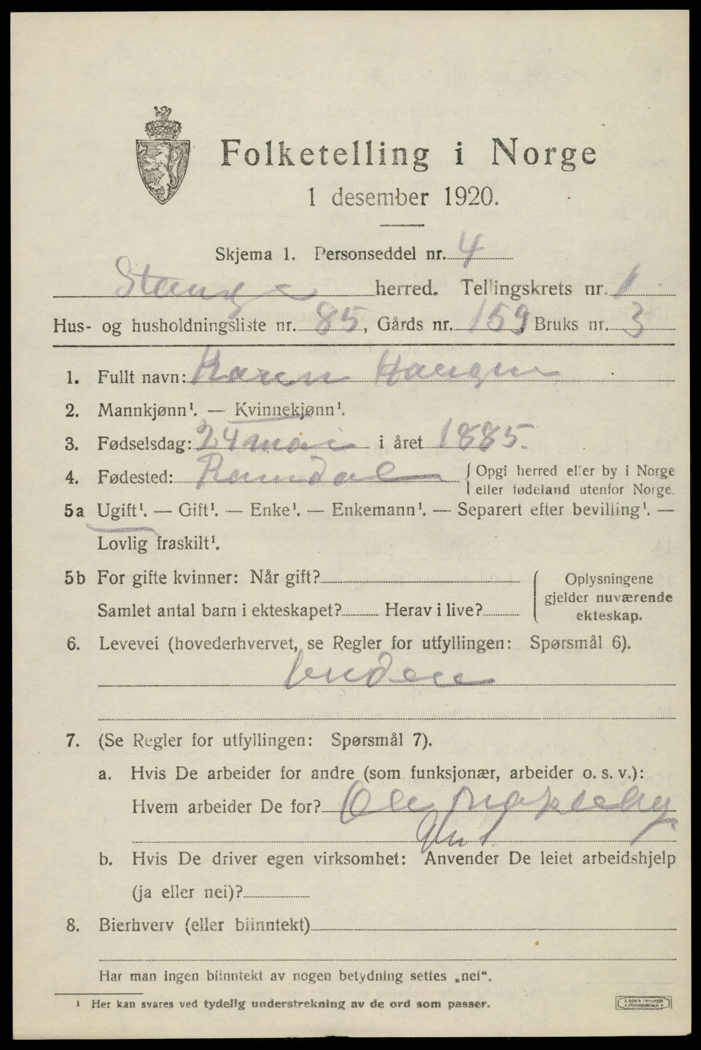 SAH, 1920 census for Stange, 1920, p. 17843