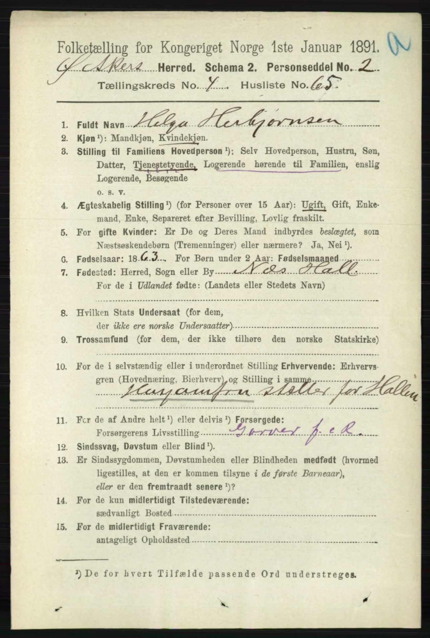 RA, 1891 census for 0218 Aker, 1891, p. 4884