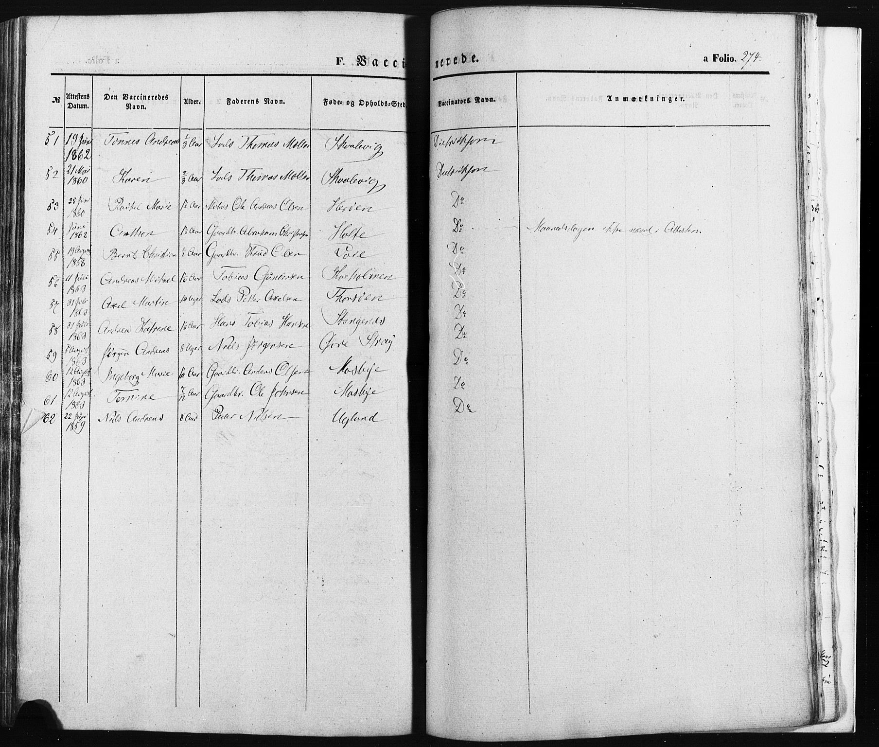 Oddernes sokneprestkontor, AV/SAK-1111-0033/F/Fa/Faa/L0007: Parish register (official) no. A 7, 1851-1863, p. 274