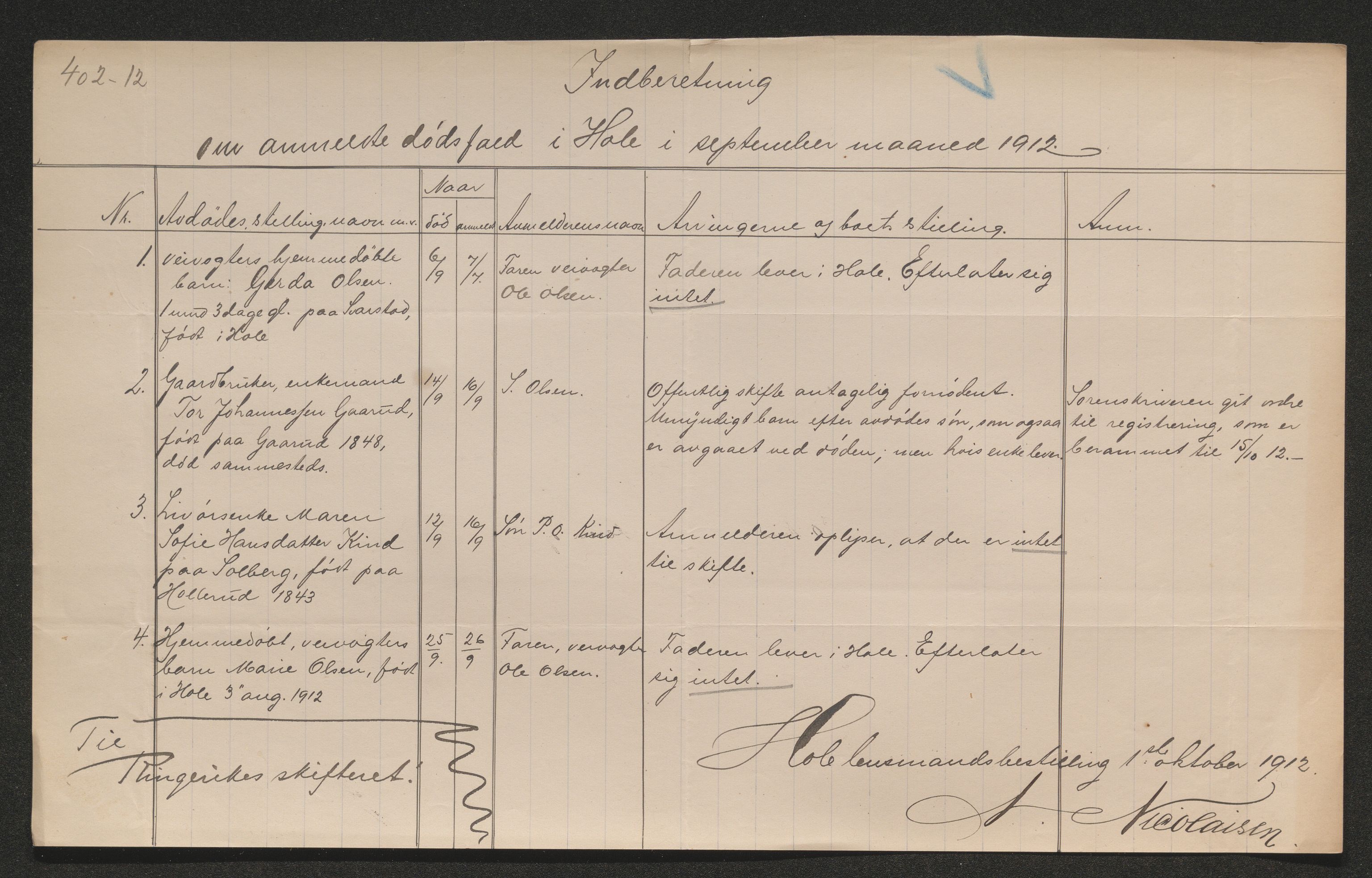 Ringerike sorenskriveri, AV/SAKO-A-105/H/Ha/Hab/L0019: Dødsfallslister Hole, 1842-1917