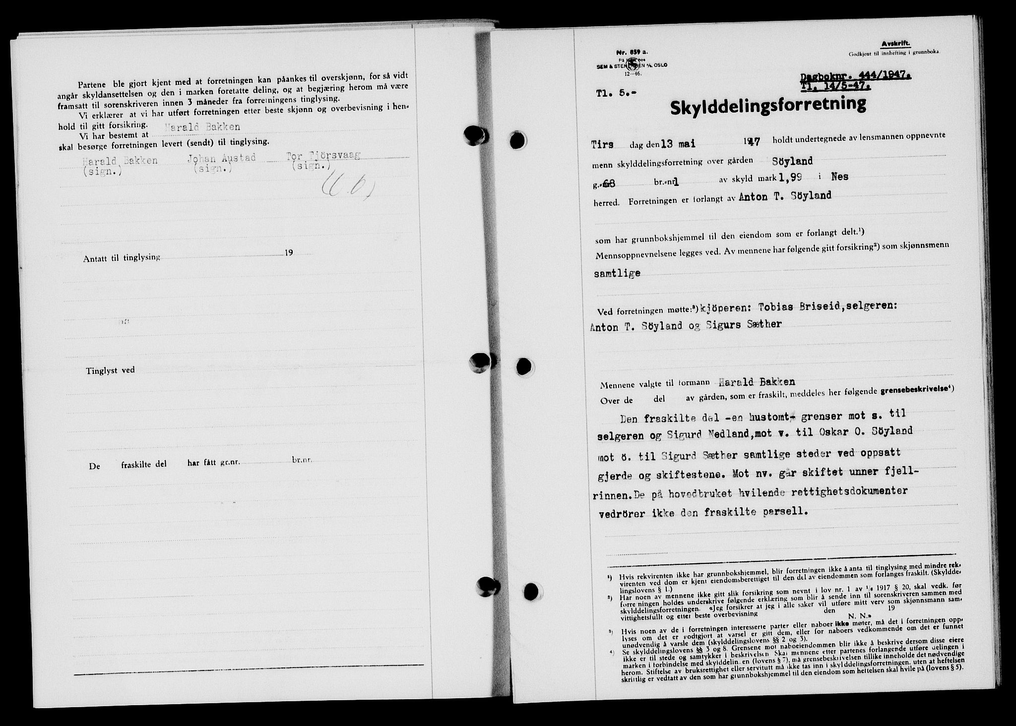 Flekkefjord sorenskriveri, SAK/1221-0001/G/Gb/Gba/L0062: Mortgage book no. A-10, 1947-1947, Diary no: : 444/1947