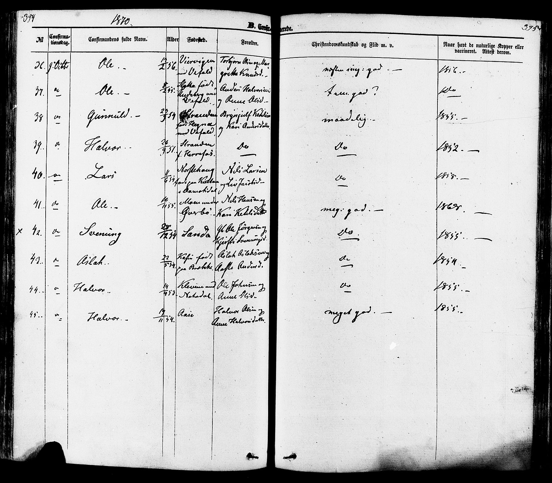 Seljord kirkebøker, AV/SAKO-A-20/F/Fa/L0013: Parish register (official) no. I 13, 1866-1876, p. 394-395