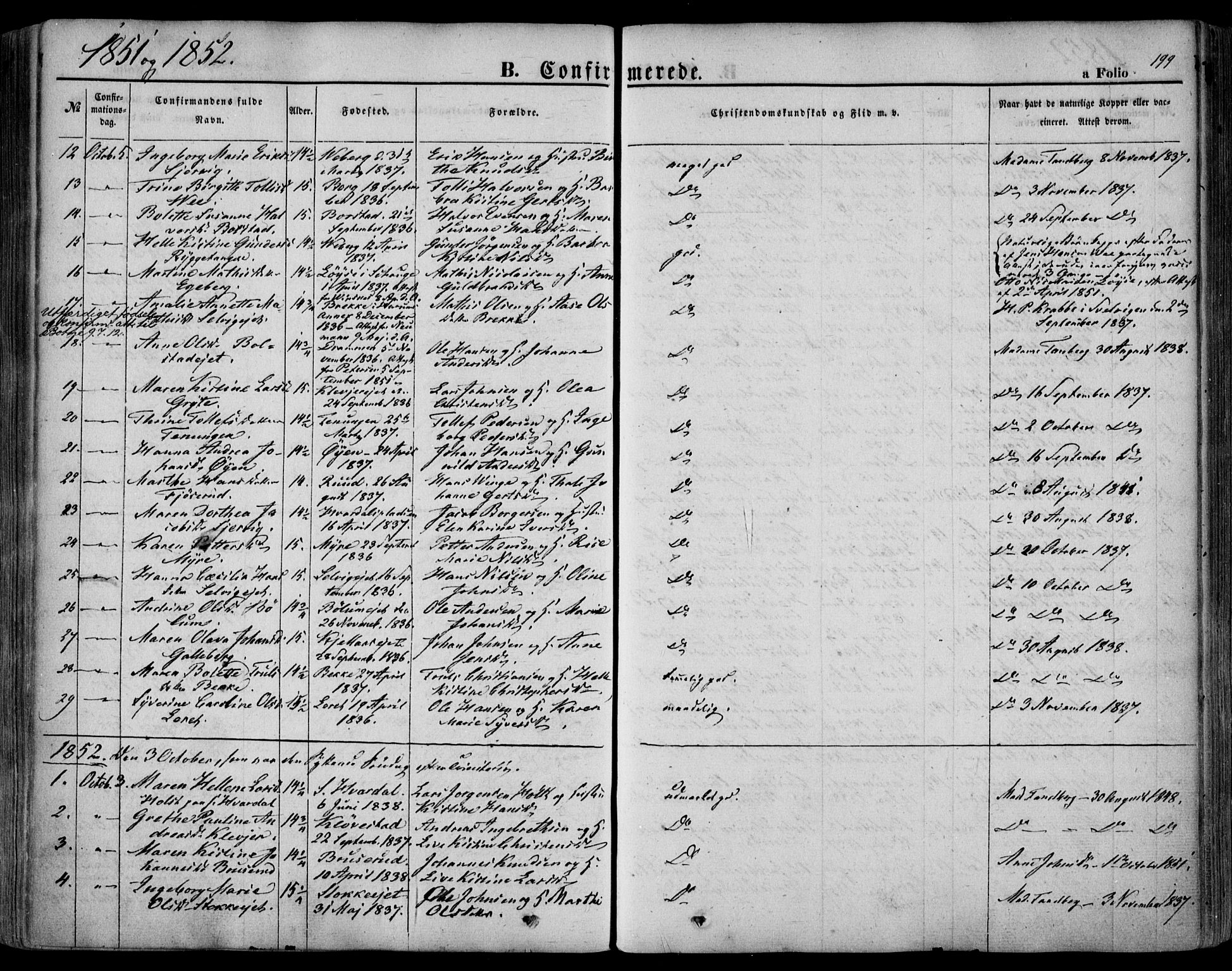Sande Kirkebøker, SAKO/A-53/F/Fa/L0004: Parish register (official) no. 4, 1847-1864, p. 199