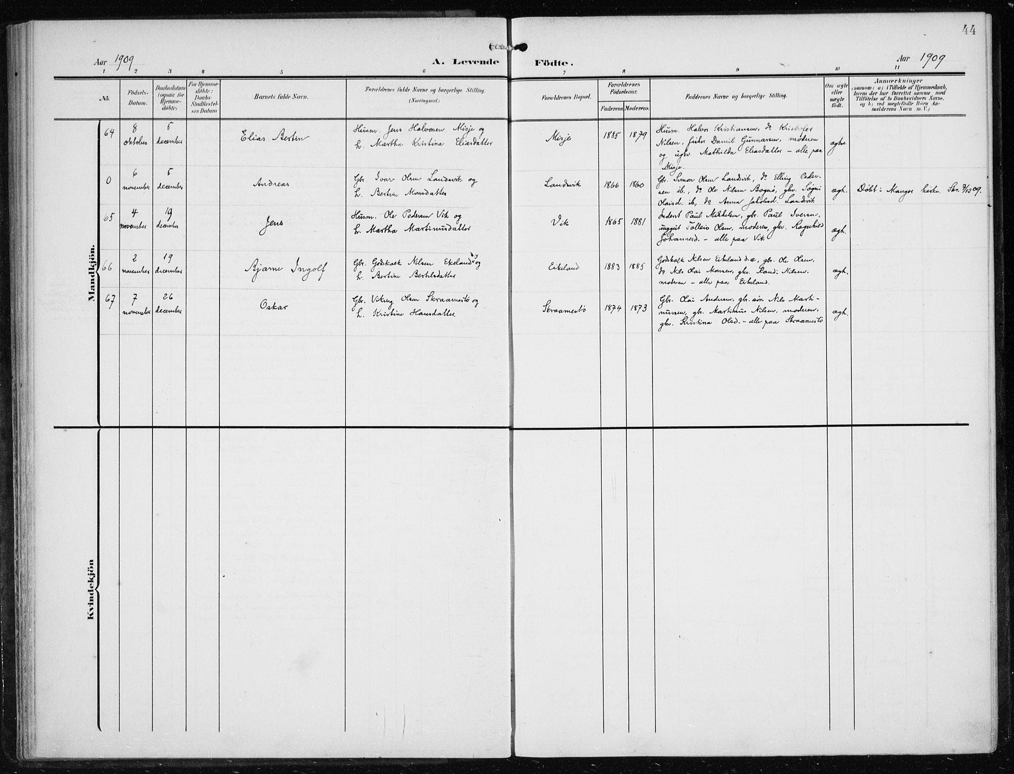 Herdla Sokneprestembete, SAB/A-75701/H/Haa: Parish register (official) no. A 5, 1905-1918, p. 44