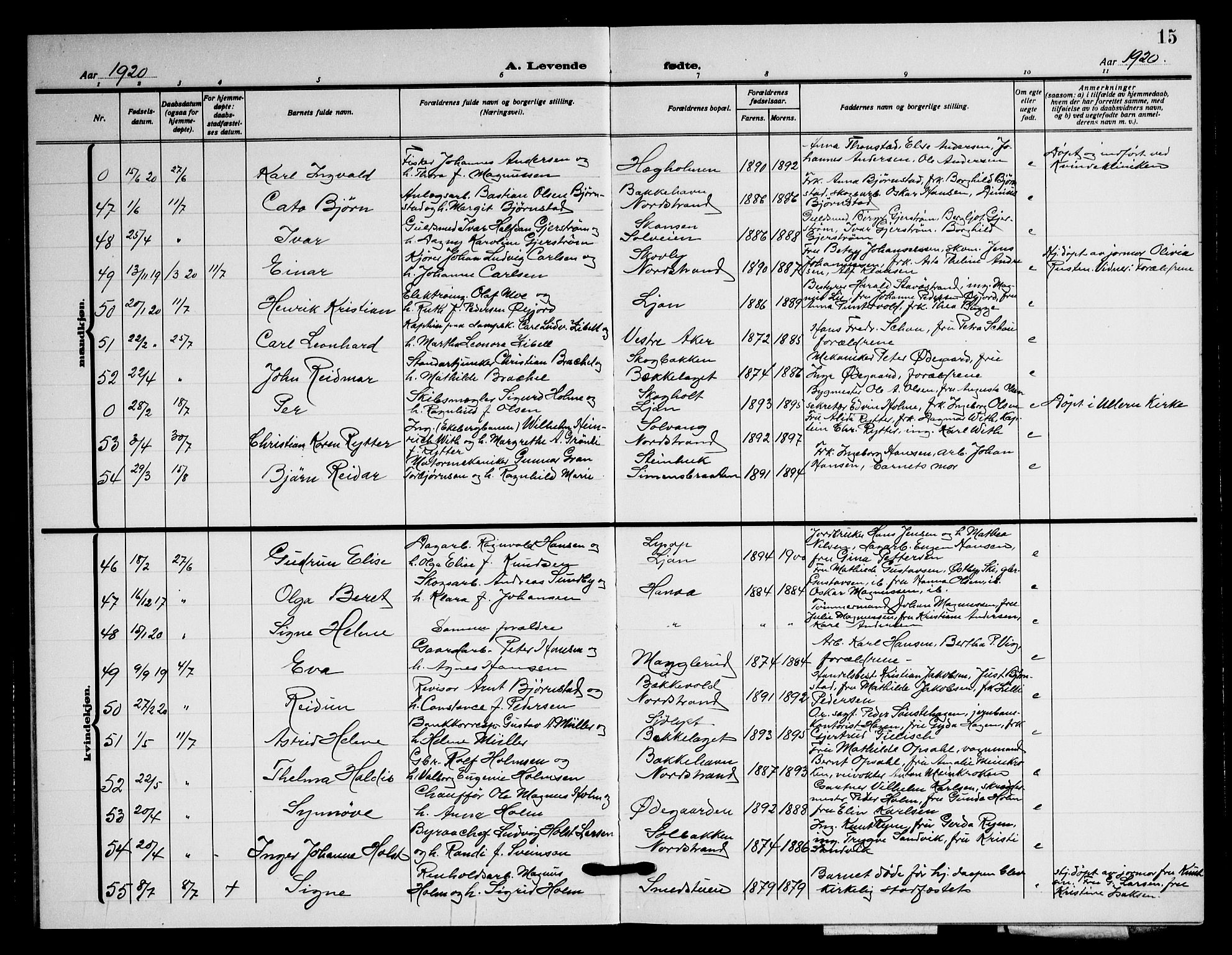 Nordstrand prestekontor Kirkebøker, AV/SAO-A-10362a/G/Ga/L0002: Parish register (copy) no. I 2, 1918-1925, p. 15