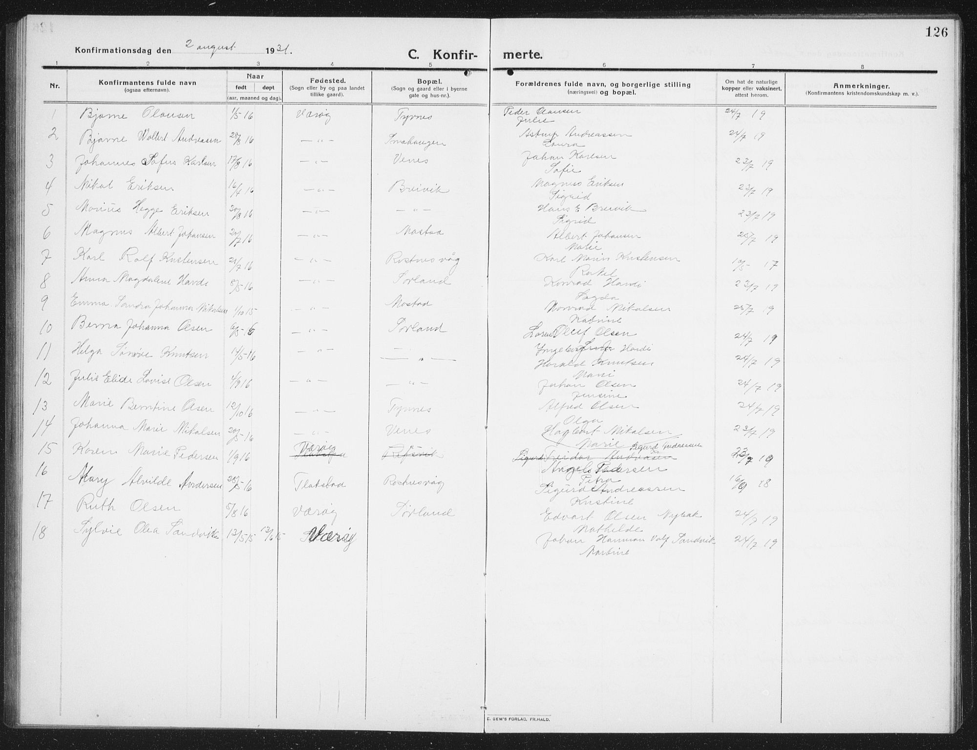 Ministerialprotokoller, klokkerbøker og fødselsregistre - Nordland, AV/SAT-A-1459/807/L0124: Parish register (copy) no. 807C02, 1910-1935, p. 126