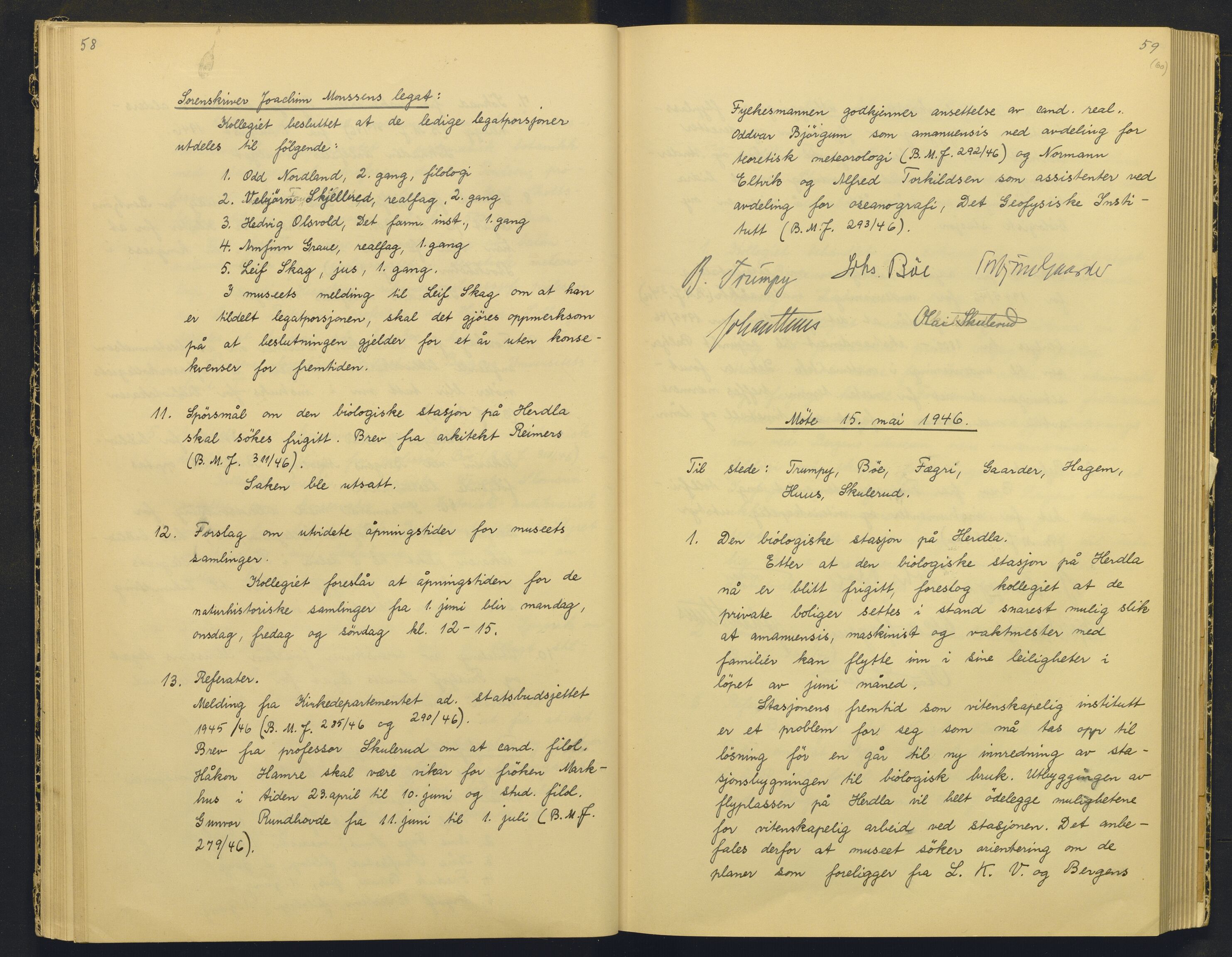 Bergens Museum, AV/SAB-A-17301/18/A/L0004: Professorkollegiets møtebok med register , 1945-1949, p. 58-59
