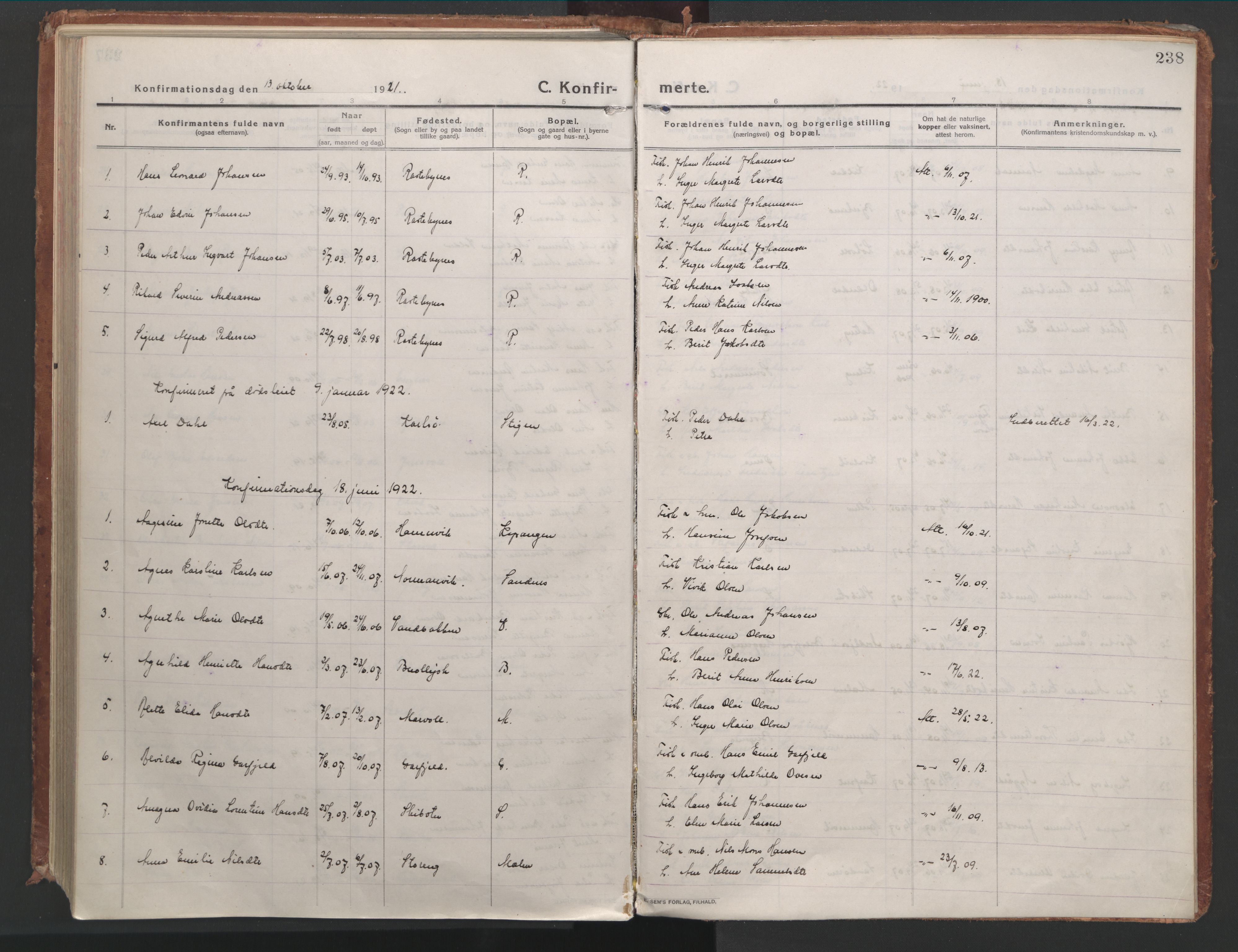 Lyngen sokneprestembete, AV/SATØ-S-1289/H/He/Hea/L0012kirke: Parish register (official) no. 12, 1914-1923, p. 238