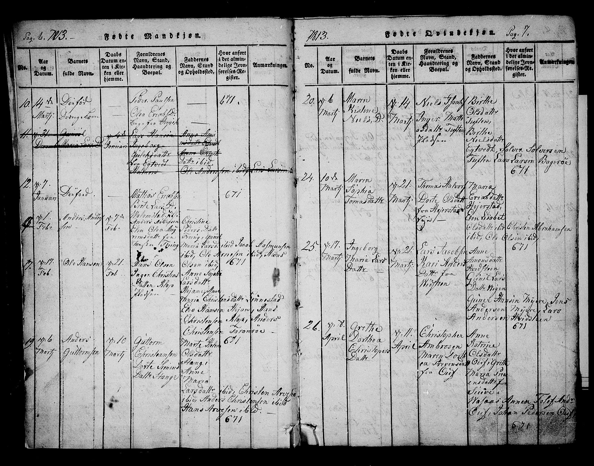 Ramnes kirkebøker, AV/SAKO-A-314/G/Ga/L0001: Parish register (copy) no. I 1, 1813-1847, p. 6-7