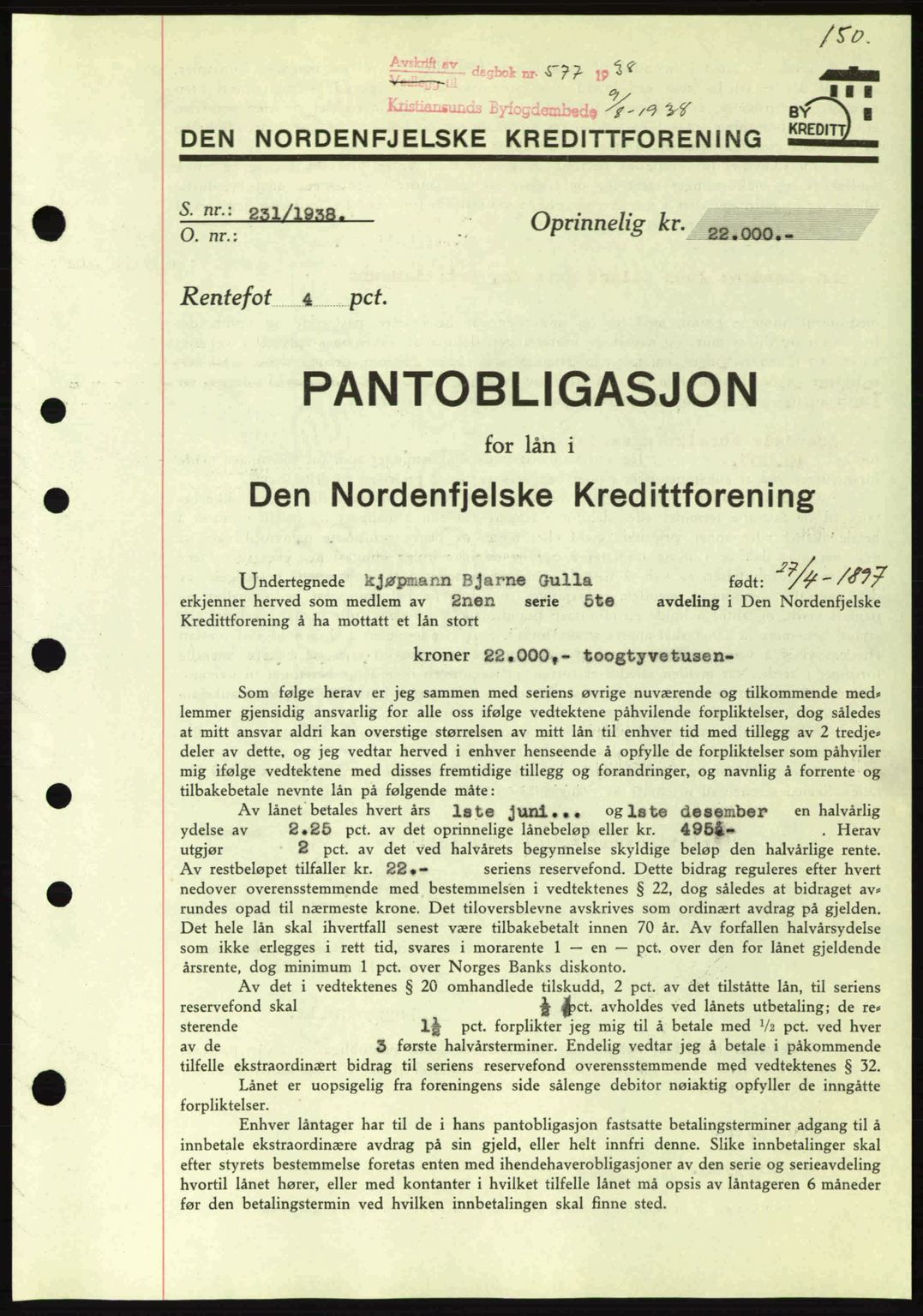 Kristiansund byfogd, SAT/A-4587/A/27: Mortgage book no. 31, 1938-1939, Diary no: : 577/1938