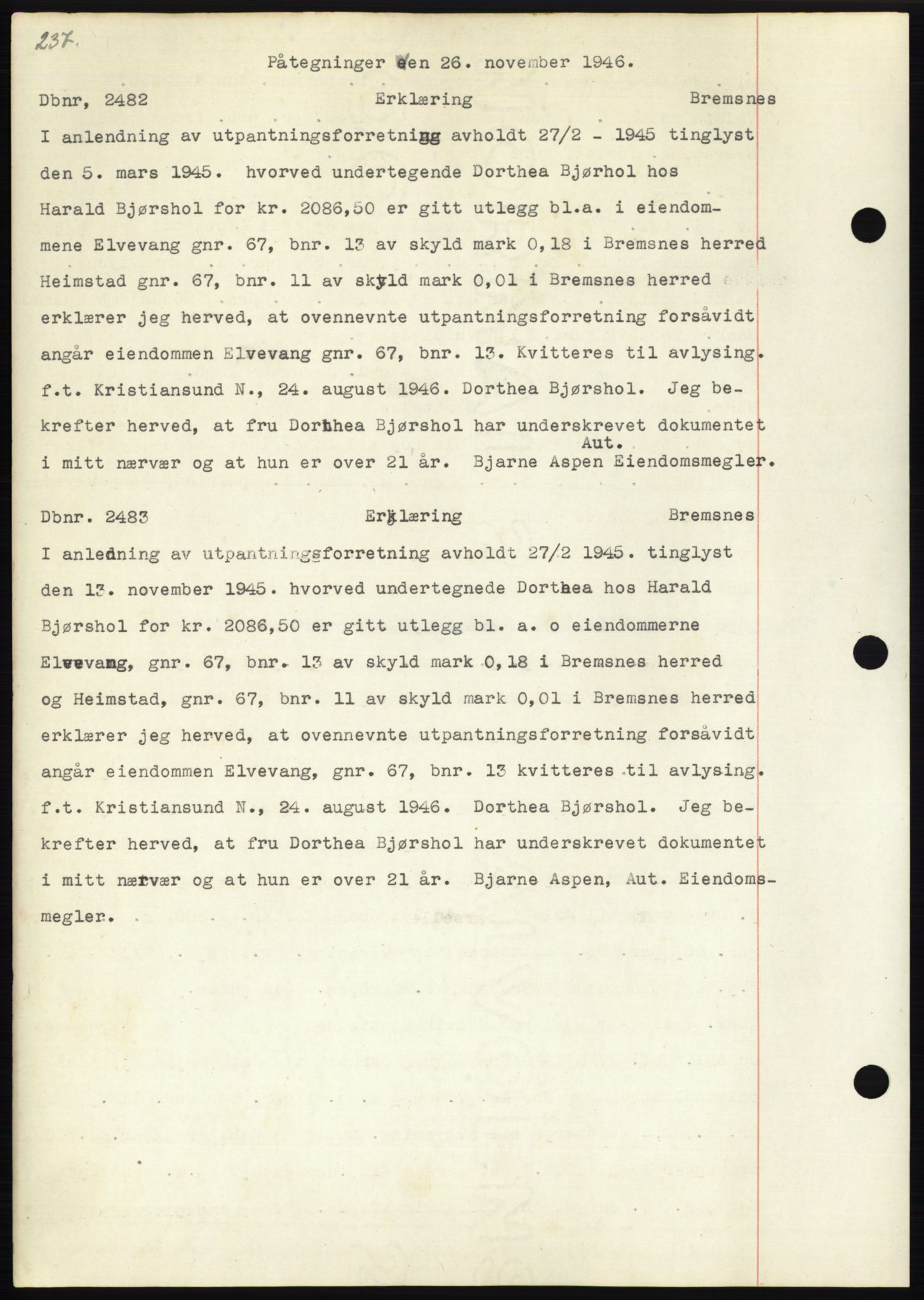 Nordmøre sorenskriveri, SAT/A-4132/1/2/2Ca: Mortgage book no. C82b, 1946-1951, Diary no: : 2482/1946