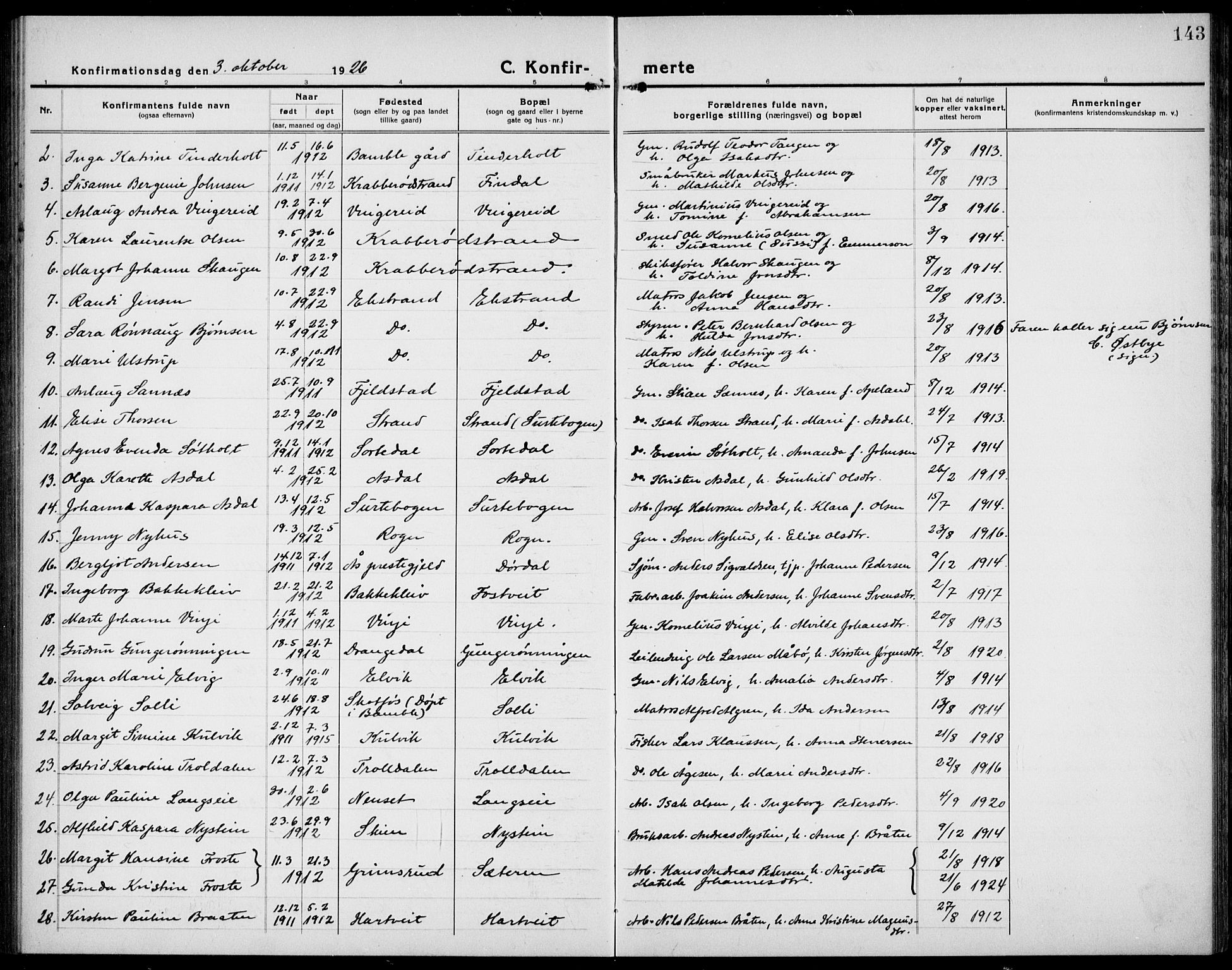 Bamble kirkebøker, AV/SAKO-A-253/G/Ga/L0011: Parish register (copy) no. I 11, 1920-1935, p. 143