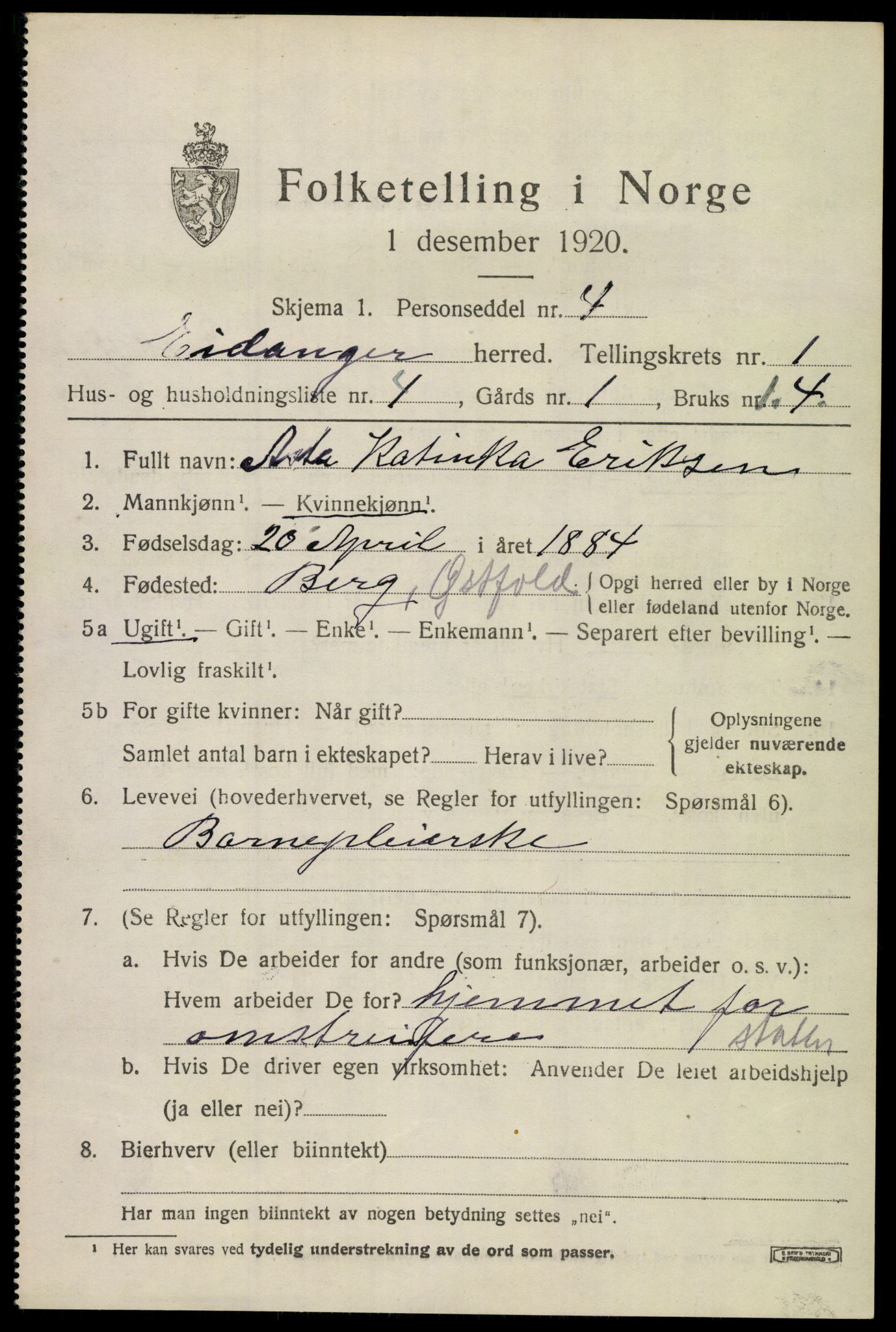 SAKO, 1920 census for Eidanger, 1920, p. 1618