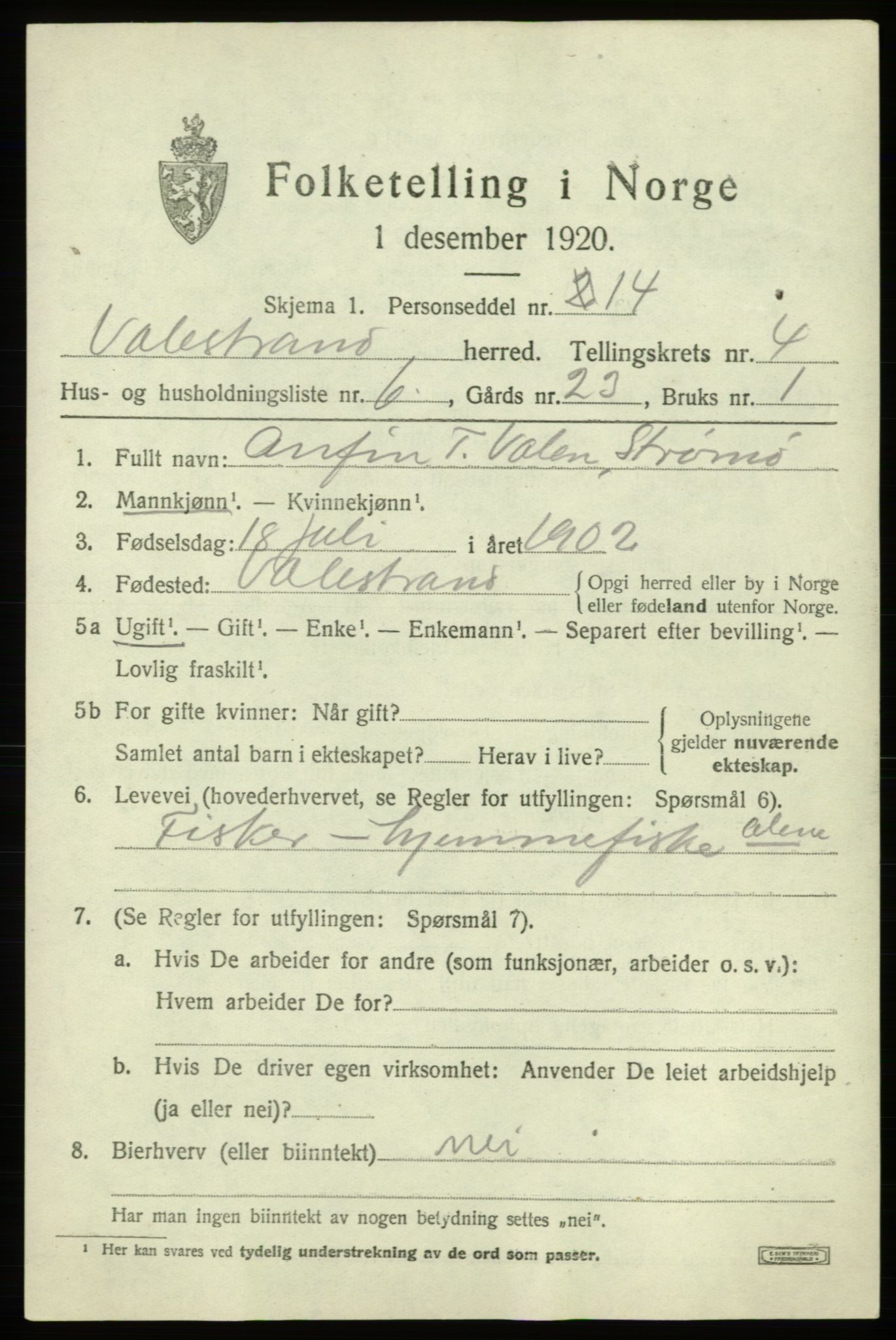 SAB, 1920 census for Valestrand, 1920, p. 1715