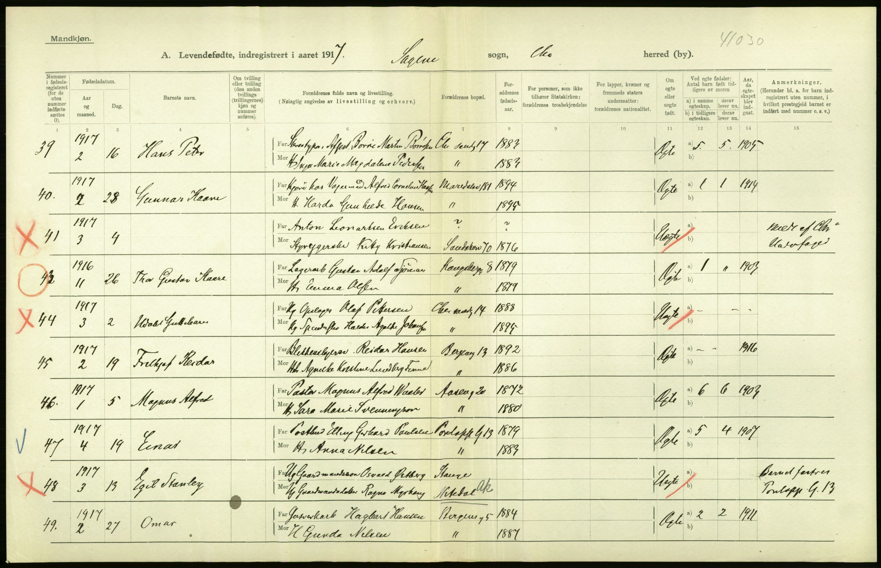 Statistisk sentralbyrå, Sosiodemografiske emner, Befolkning, AV/RA-S-2228/D/Df/Dfb/Dfbg/L0007: Kristiania: Levendefødte menn og kvinner., 1917, p. 92