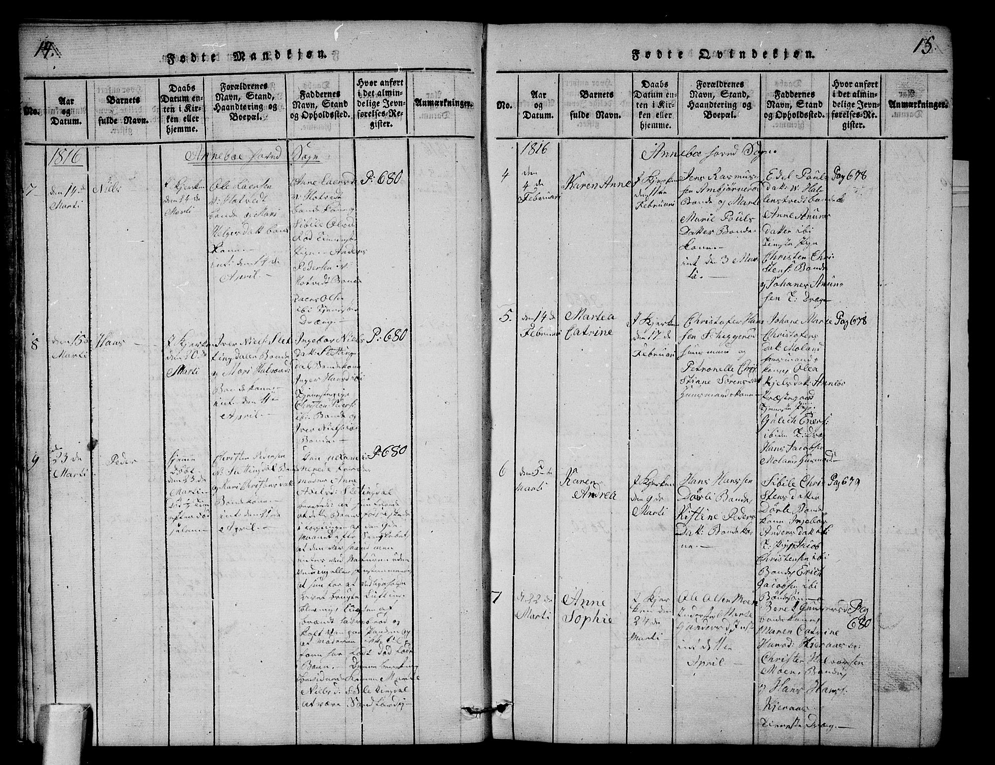 Andebu kirkebøker, AV/SAKO-A-336/G/Ga/L0001: Parish register (copy) no. I 1 /1, 1815-1823, p. 14-15