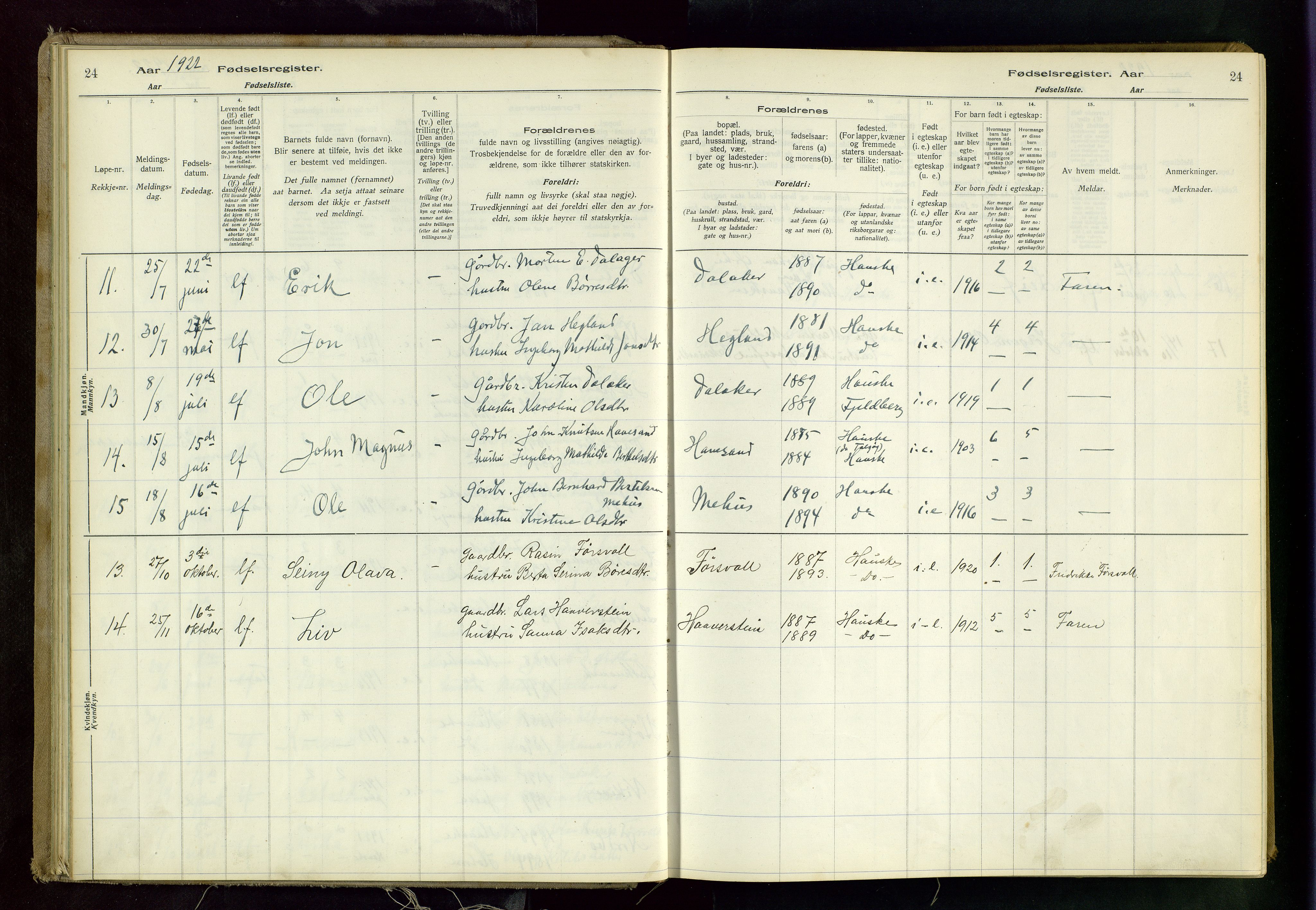 Rennesøy sokneprestkontor, AV/SAST-A -101827/I/Id/L0001: Birth register no. 1, 1916-1982, p. 24