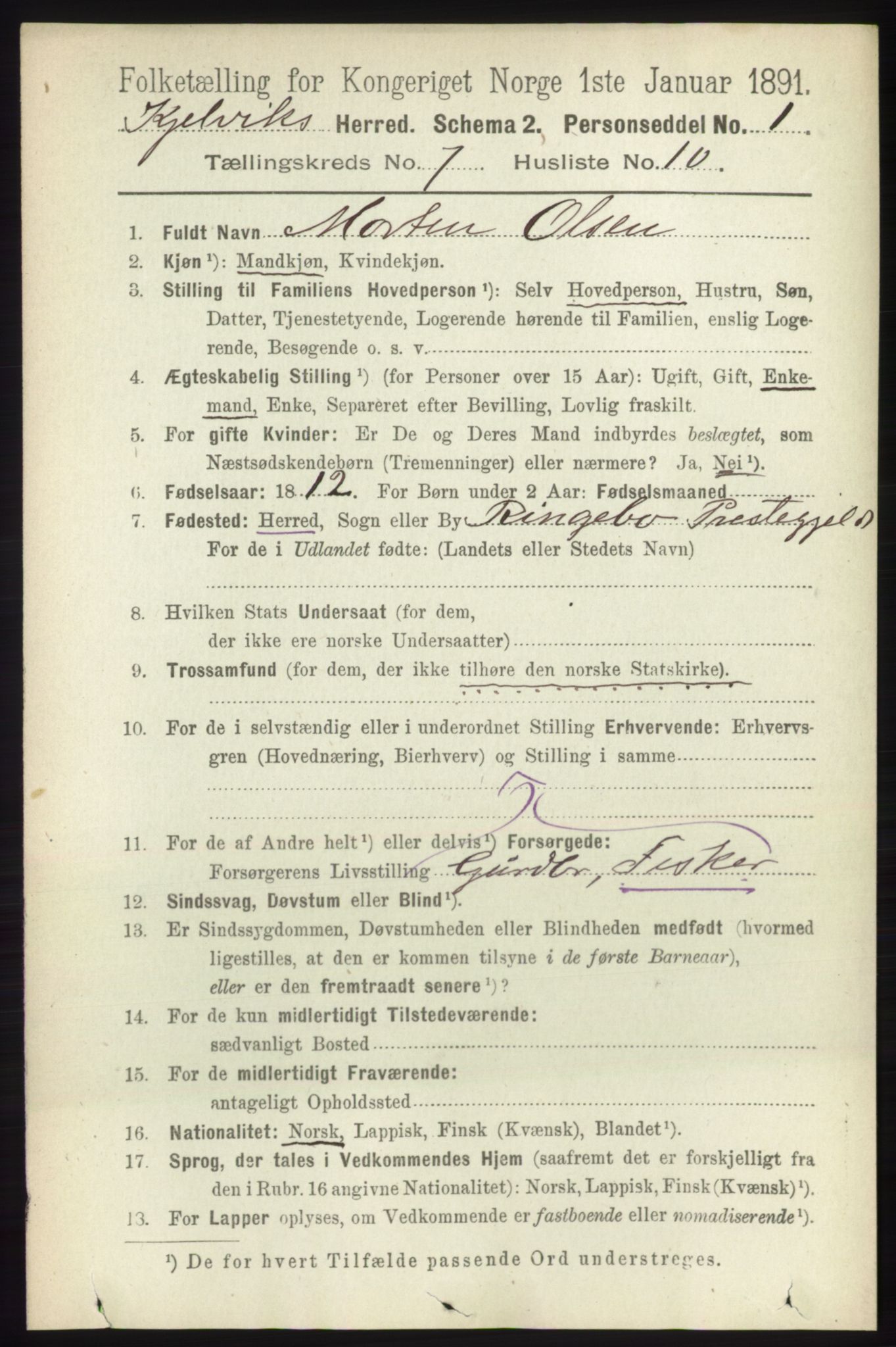 RA, 1891 census for 2019 Kjelvik, 1891, p. 960