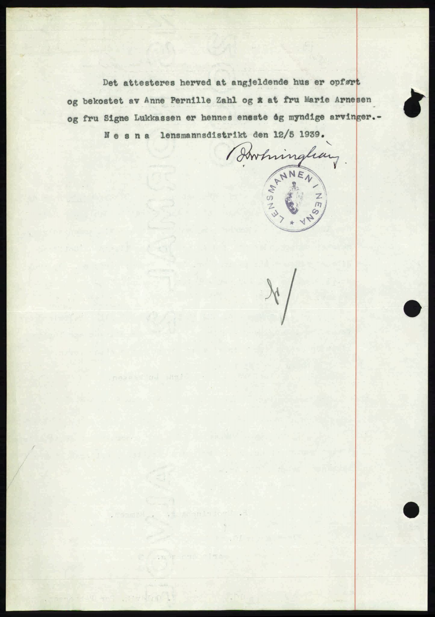 Rana sorenskriveri , SAT/A-1108/1/2/2C: Mortgage book no. A 6, 1939-1940, Diary no: : 1383/1939
