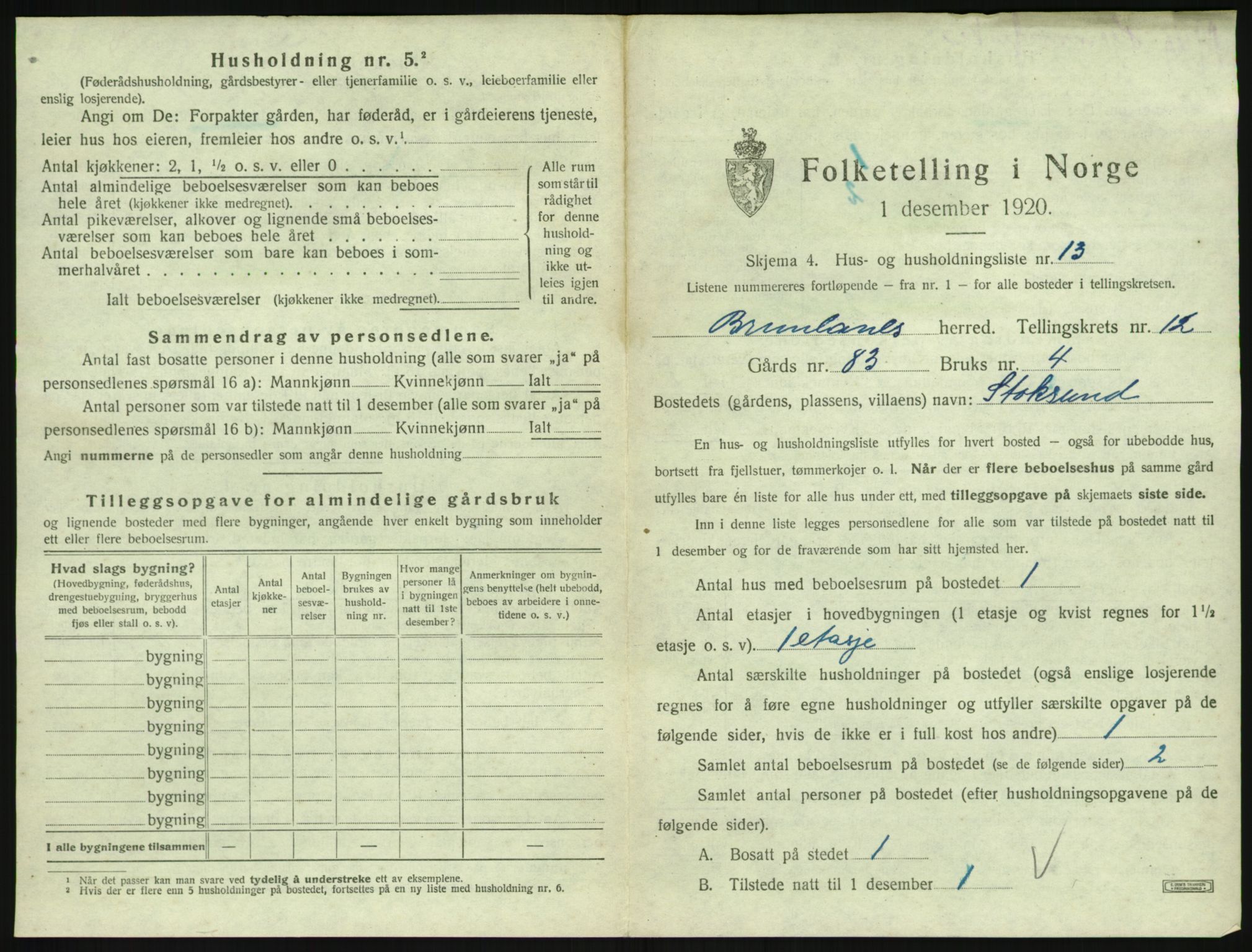SAKO, 1920 census for Brunlanes, 1920, p. 1721