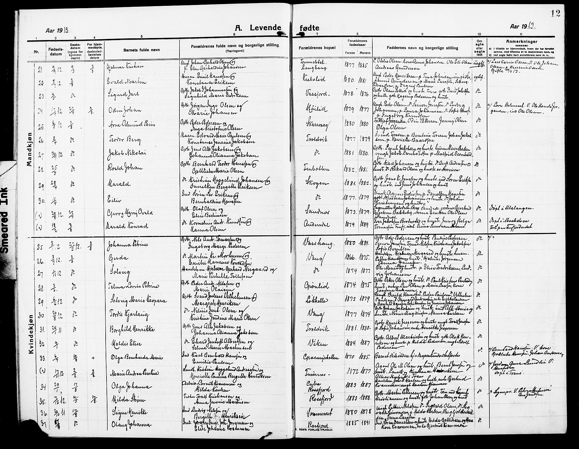 Lenvik sokneprestembete, AV/SATØ-S-1310/H/Ha/Hab/L0009klokker: Parish register (copy) no. 9, 1912-1926, p. 12