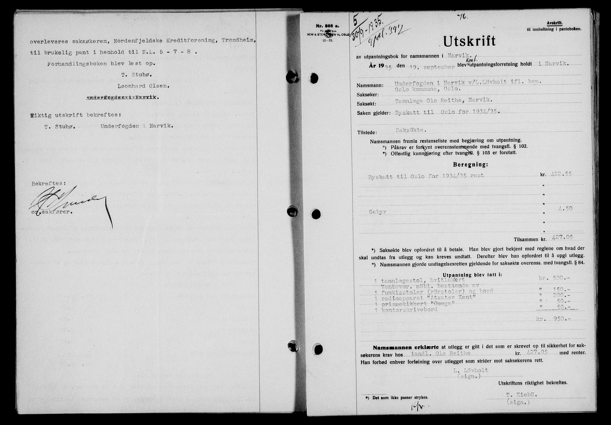 Narvik sorenskriveri, SAT/A-0002/1/2/2C/2Ca/L0011: Mortgage book no. 14, 1935-1937, Deed date: 30.09.1935