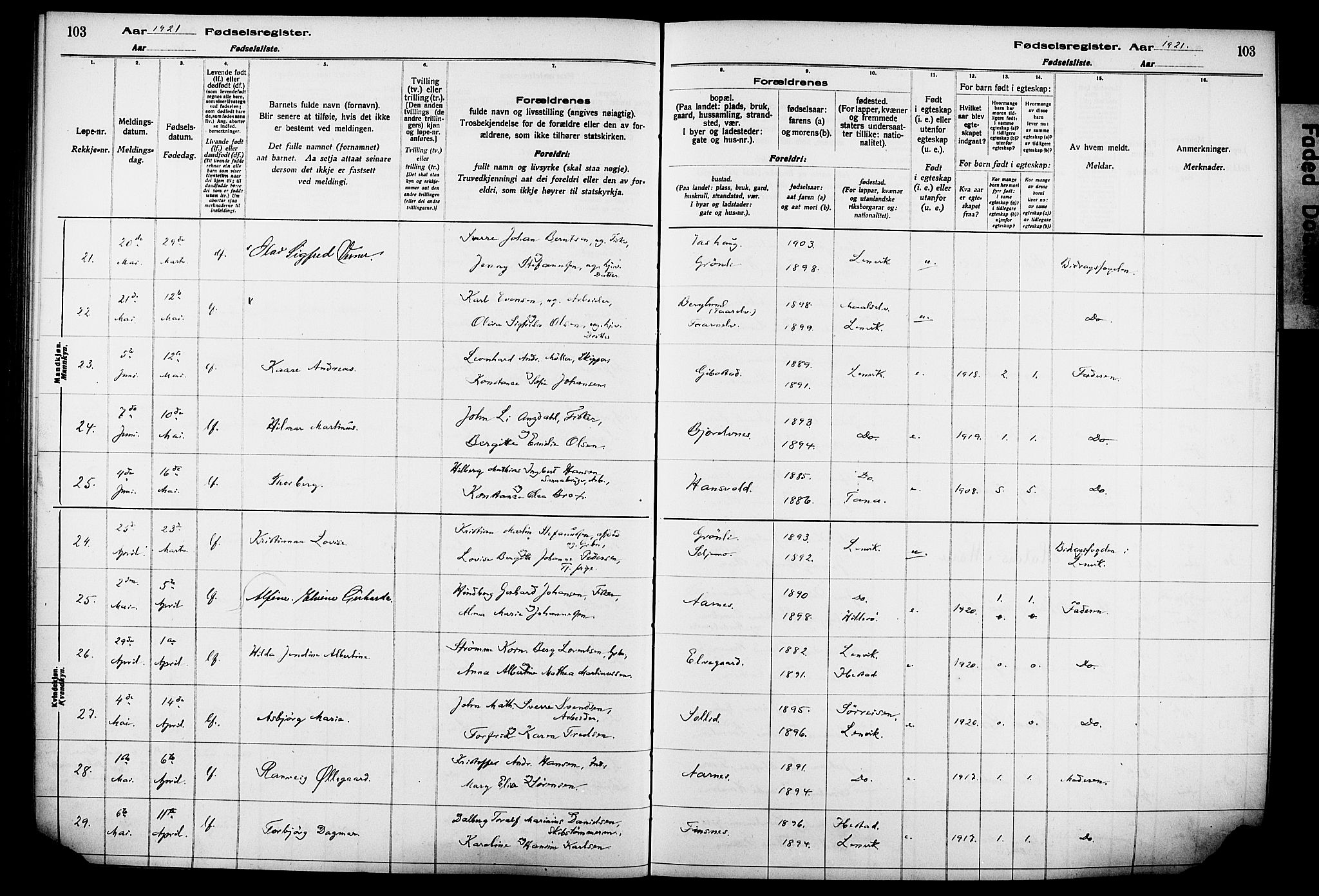 Lenvik sokneprestembete, AV/SATØ-S-1310/I/Ic/L0089: Birth register no. 89, 1916-1926, p. 103