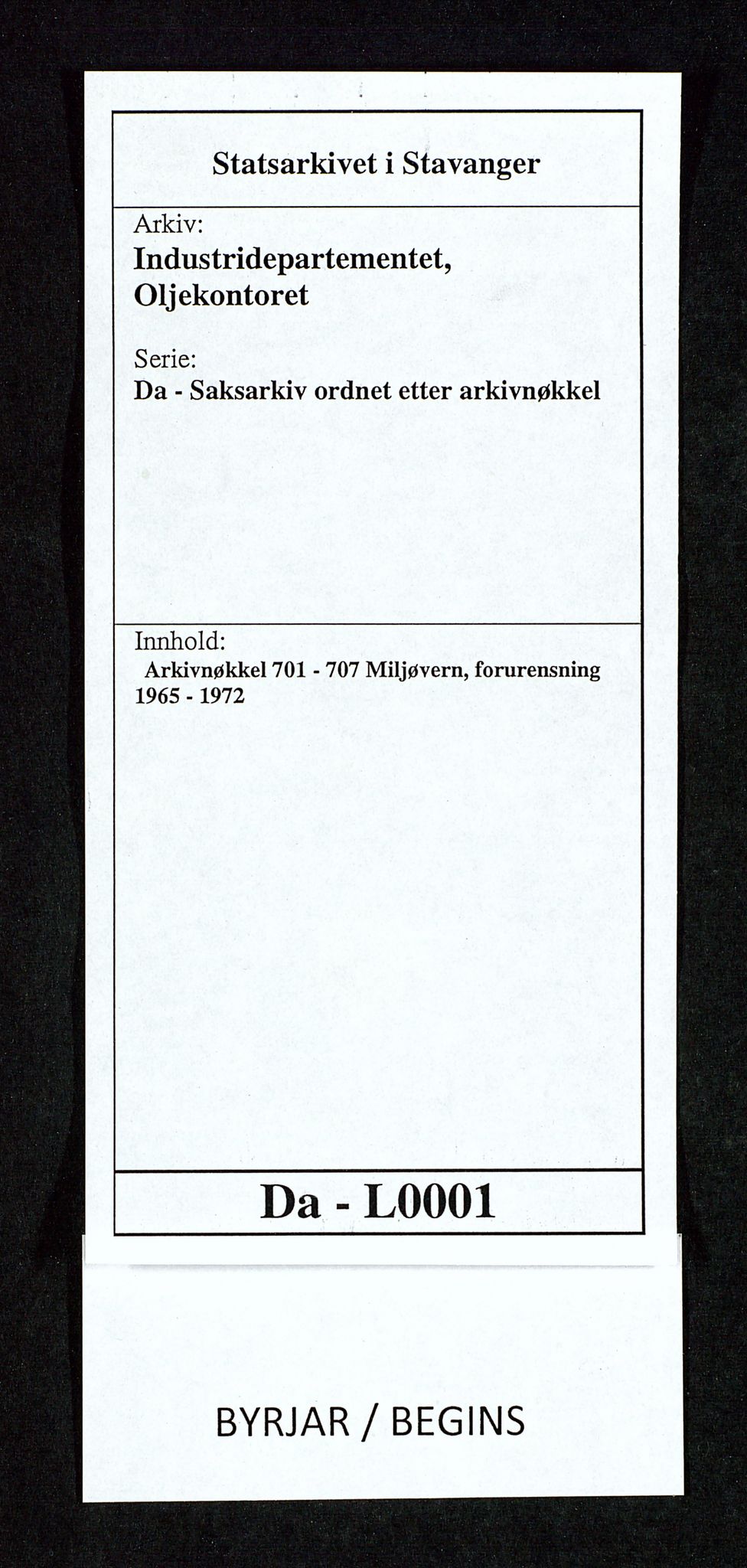 Industridepartementet, Oljekontoret, SAST/A-101348/Da/L0001:  Arkivnøkkel 701 - 707 Miljøvern, forurensning, 1965-1972, p. 1