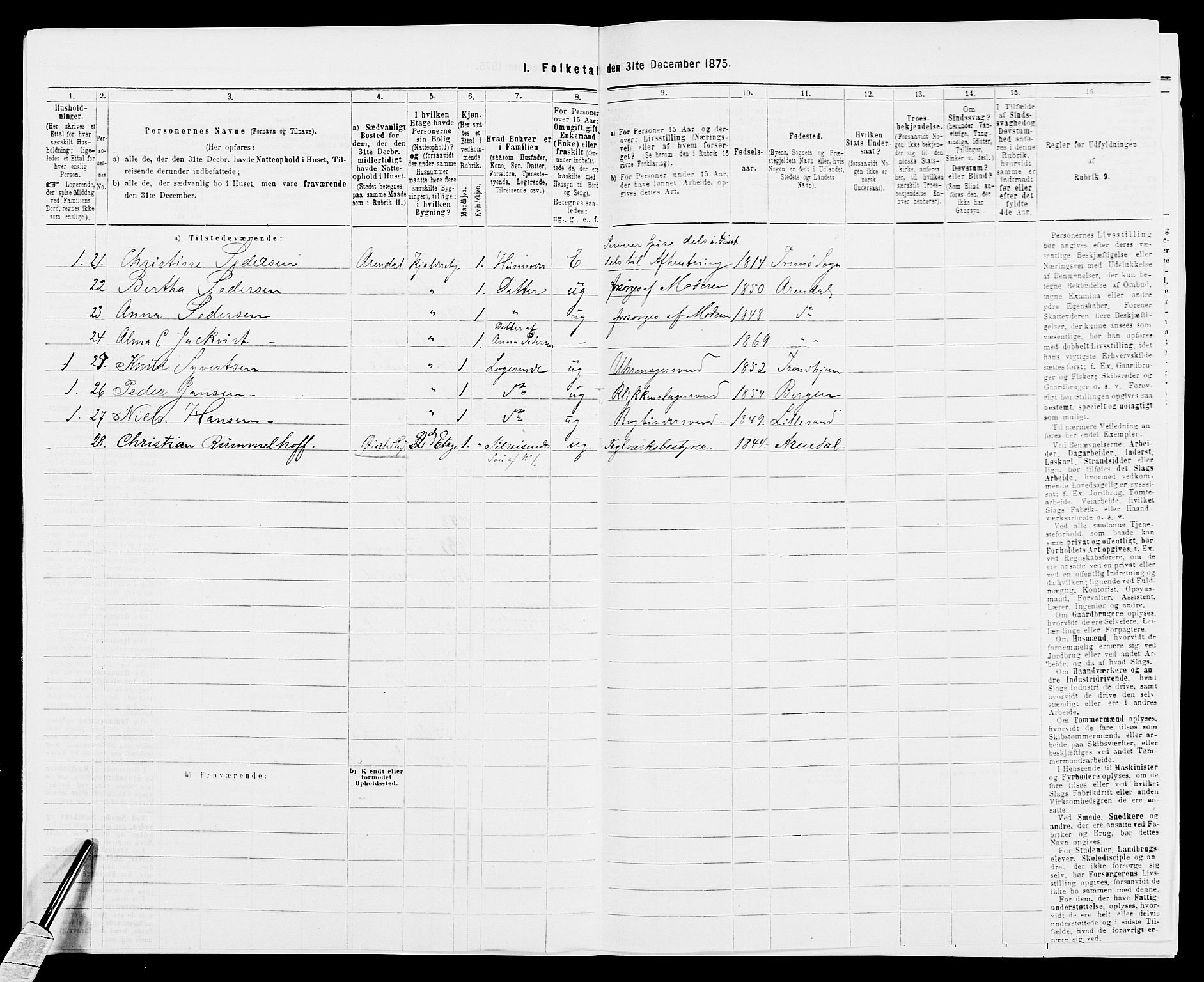 SAK, 1875 census for 0903P Arendal, 1875, p. 196